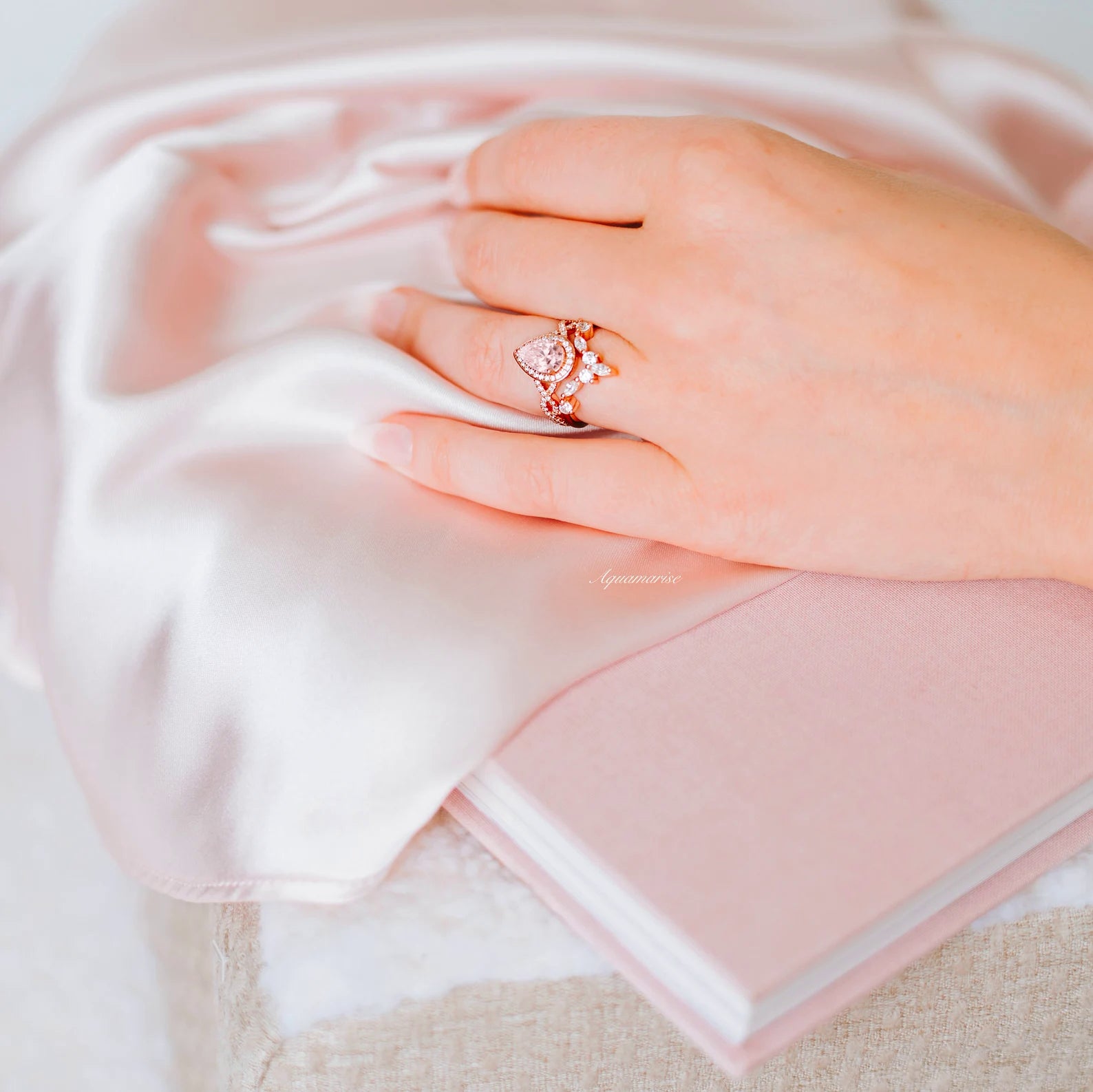 14K Rose Gold Vermeil Morganite Teardrop Ring Set for Women - Elegant Stackable Rings for Engagement, Wedding, Anniversary & Everyday Wear
