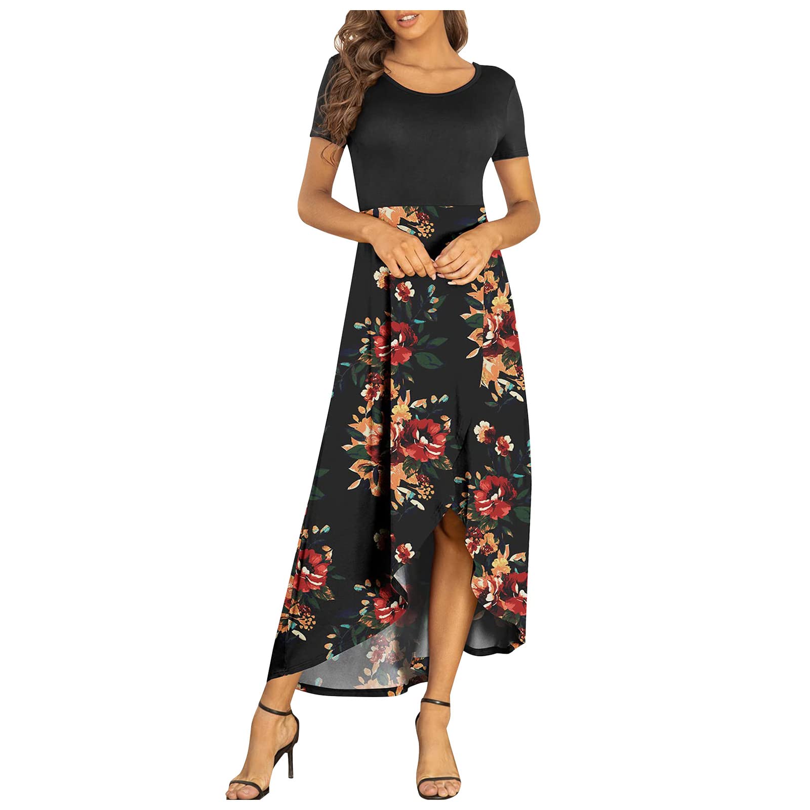 Women's Floral Print Summer Dress - Round Neck Short Sleeve High Waist Flowy Maxi Dress with High Slit for Evening Party, Beach Vacation & Casual Wear