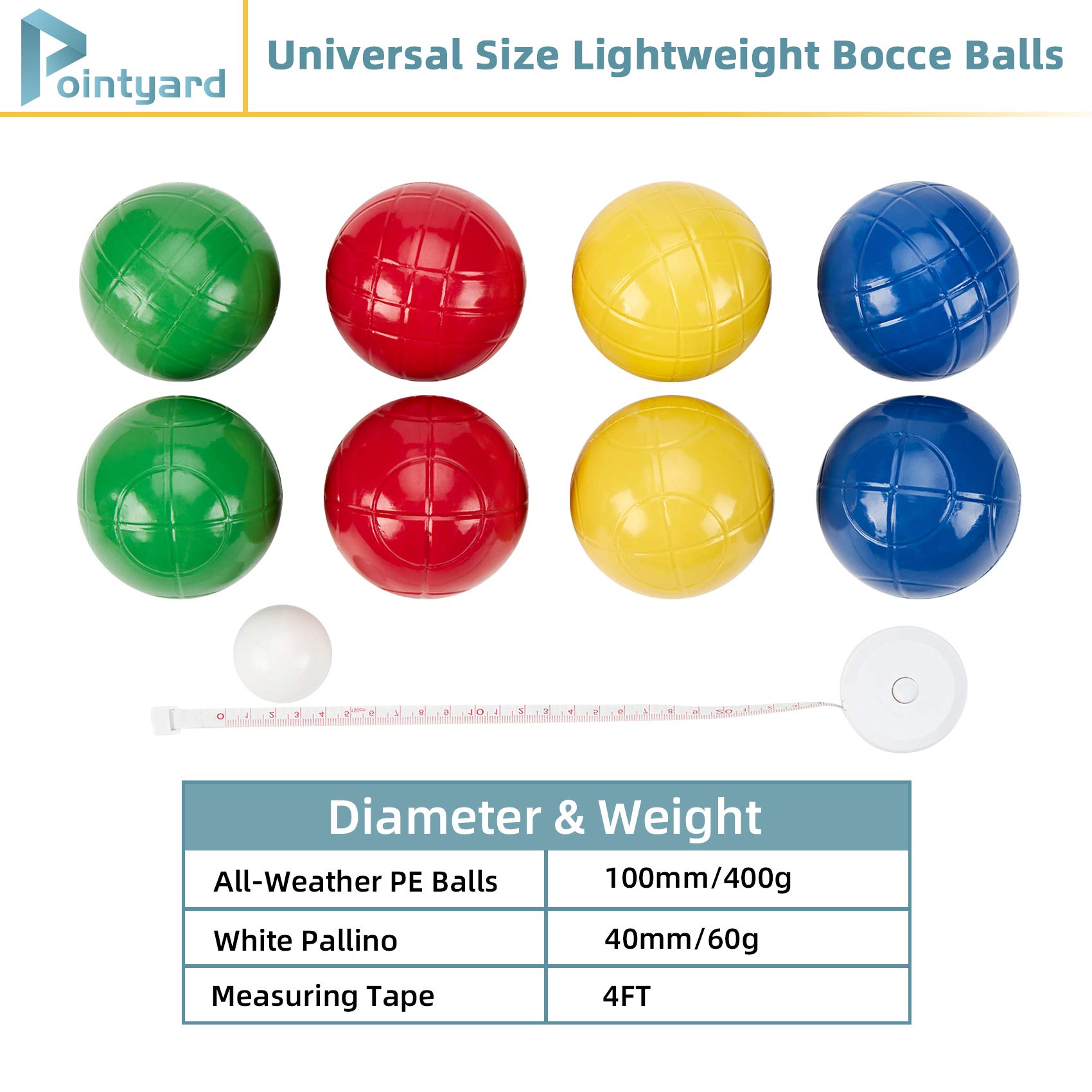 **Regulation 100mm Bocce Ball Set - 8 PE Balls, Pallino, Carry Bag & Measuring Tape - Outdoor Family Game for Backyard, Lawn, Beach, Picnics & Parties (Red, Blue, Green, Yellow)**