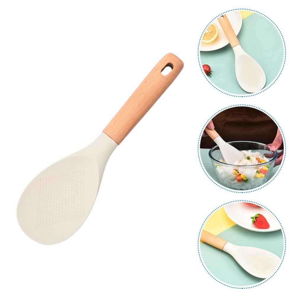 Kichvoe Wooden Handle Silicone Rice Spoon - Non-Stick Rice Paddle & Scooper for Cooking, Serving - Perfect for Rice Bowls, Sushi, Stir Fry & Meal Prep