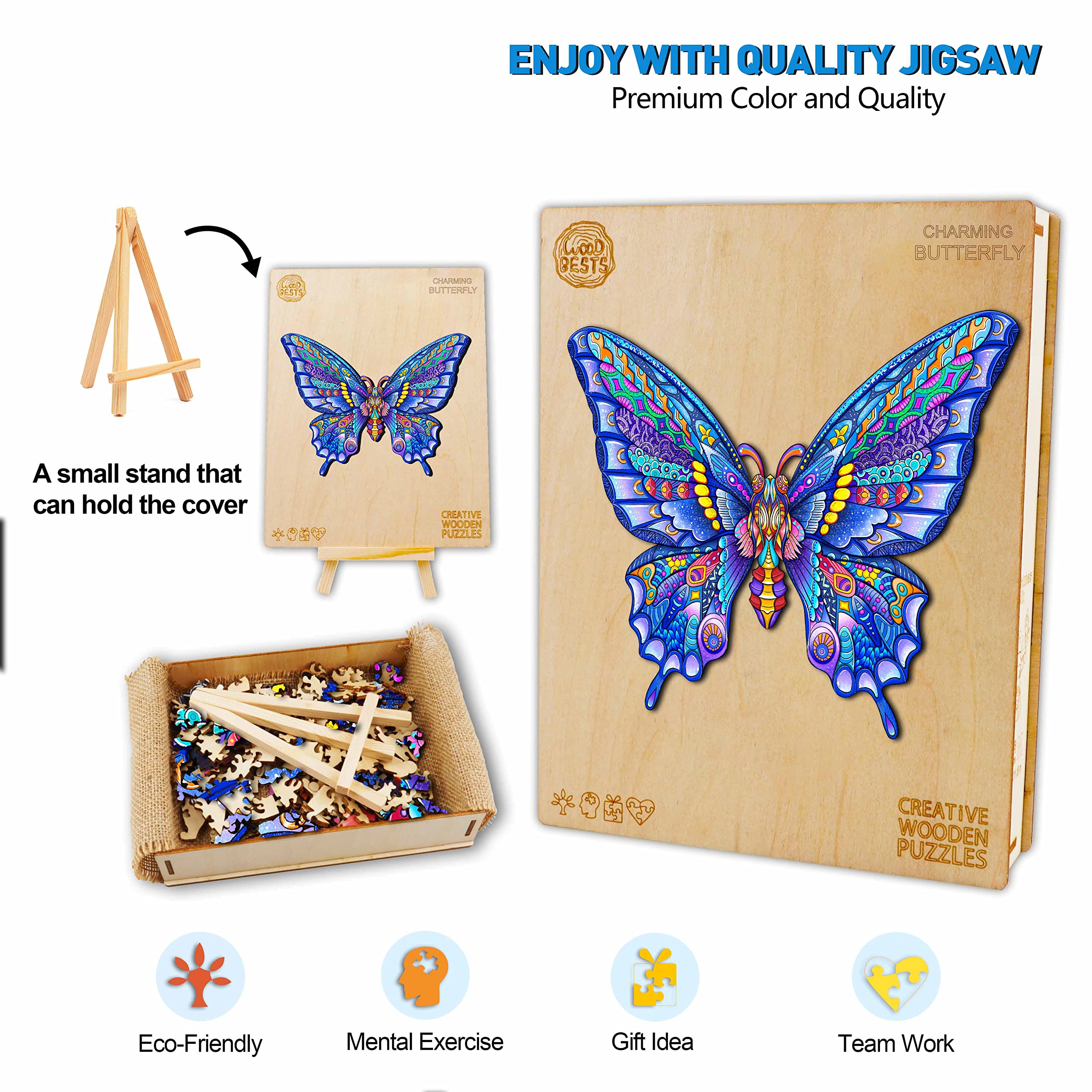 Premium Wooden Jigsaw Puzzle for Adults & Kids - 148-Piece Butterfly & Animal Shapes Puzzle with Wooden Storage Box (12.4 x 9.4 Inch) - Perfect for Family Game Night, Stress Relief & Home Decor