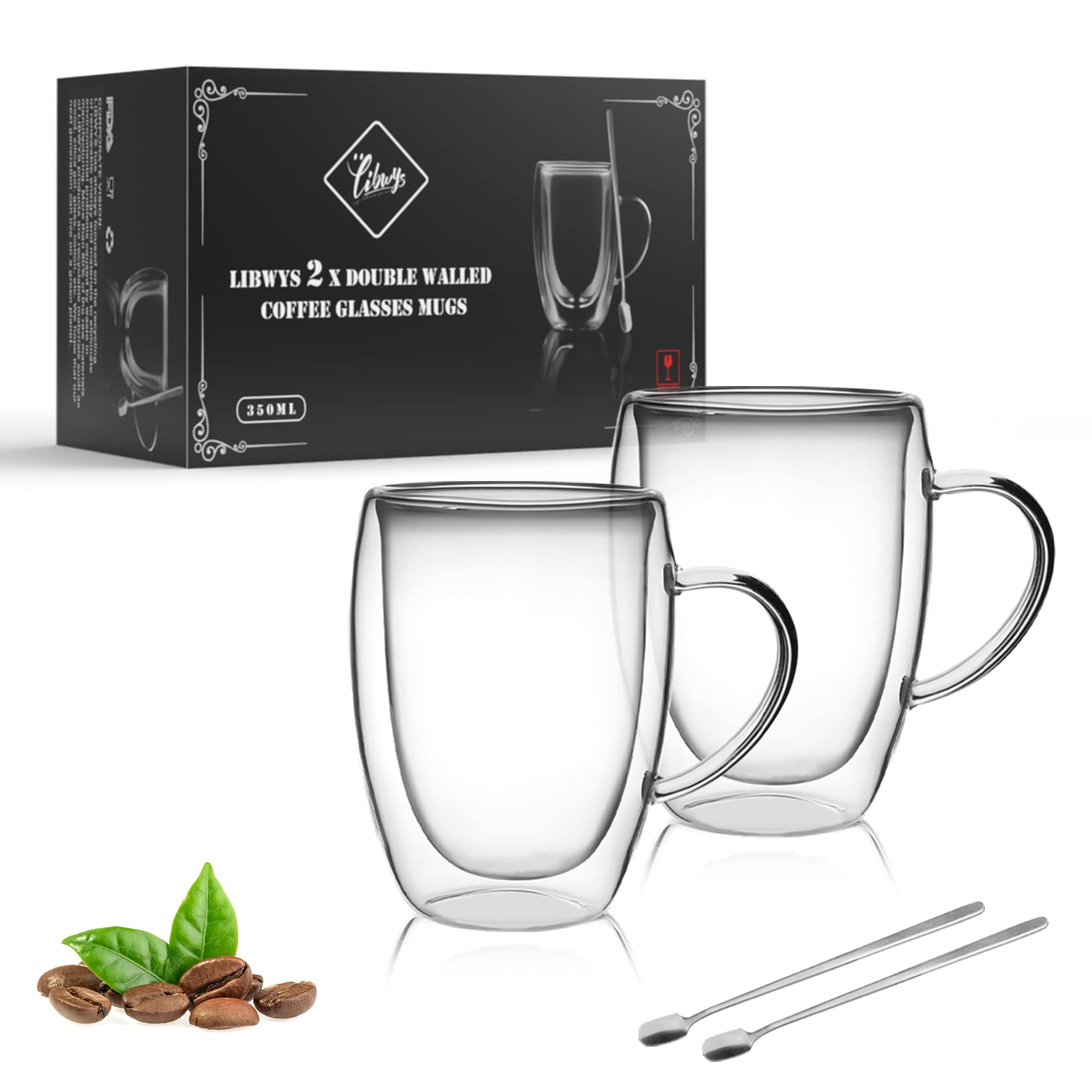 LIBWYS 2 Pack 350ml Double Walled Insulated Coffee Mugs with Lids & Spoons - Heat Resistant Glass Cups for Cappuccino, Latte, Tea - Perfect for Home, Office & Cafe Use