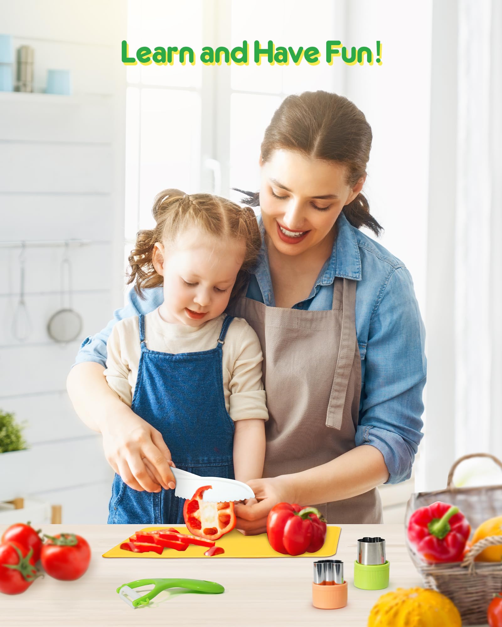 26 Pcs Kids Knife Set - Montessori Safe Cooking Tools for Toddlers 4+ Years Old | BPA-Free Plastic Knives, Crinkle Cutters, Peeler & Cutting Board | Perfect for Real Cooking Practice & Early Childhood Development
