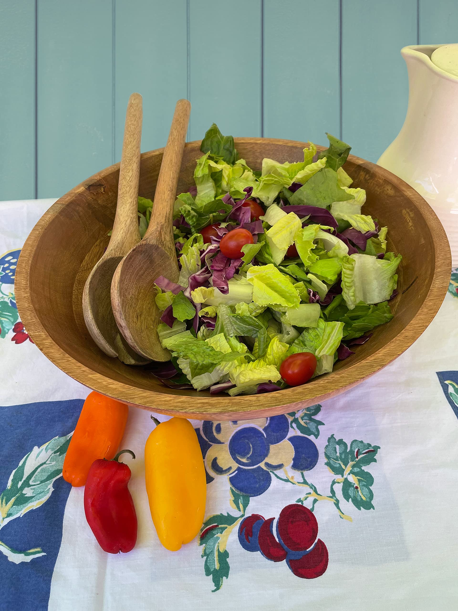 Premium 15 Inch Extra Large Wooden Salad Bowl Set with Serving Utensils - Natural Mango Wood Serving Bowl & Servers for 9 Side Salads | Perfect for Family Dinners, Parties & Entertaining Guests
