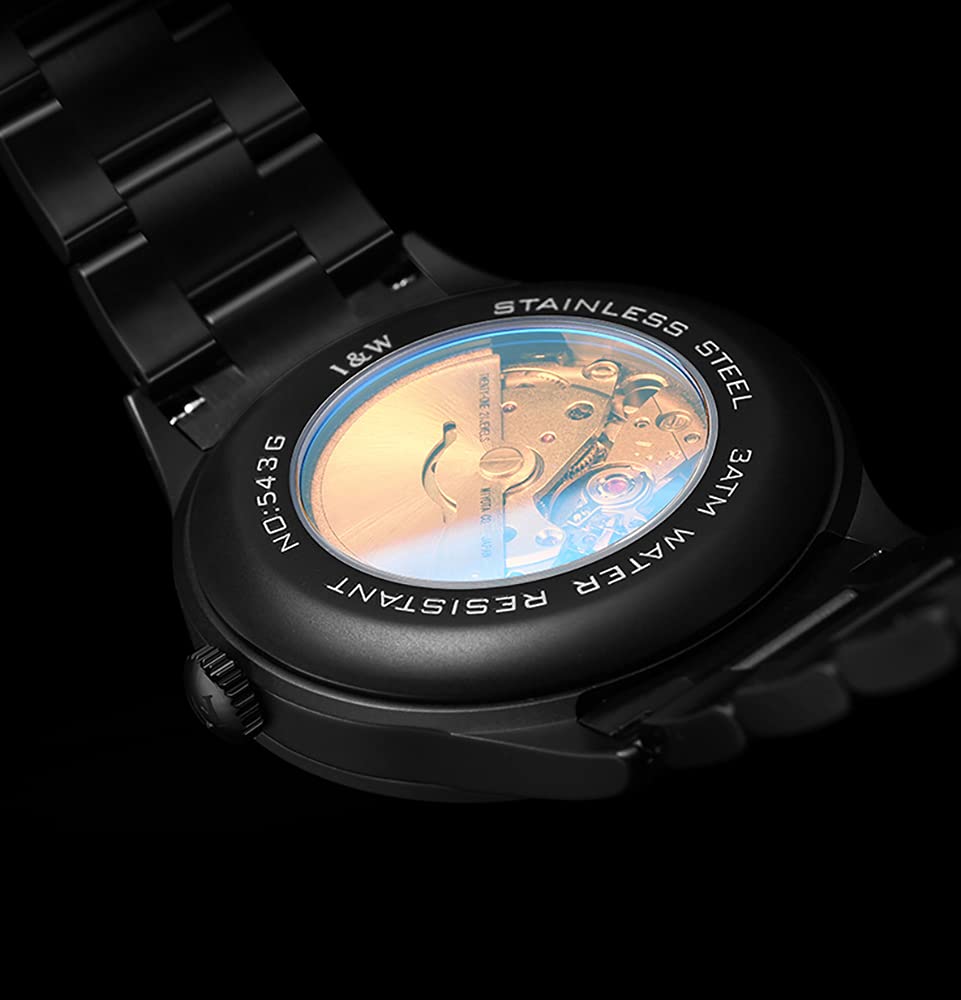 LOREO Men's Automatic Watch - Luminous Skeleton Dial, Black Stainless Steel, Synthetic Sapphire, Waterproof Military Casual Sports Watch for Everyday Wear & Outdoor Activities