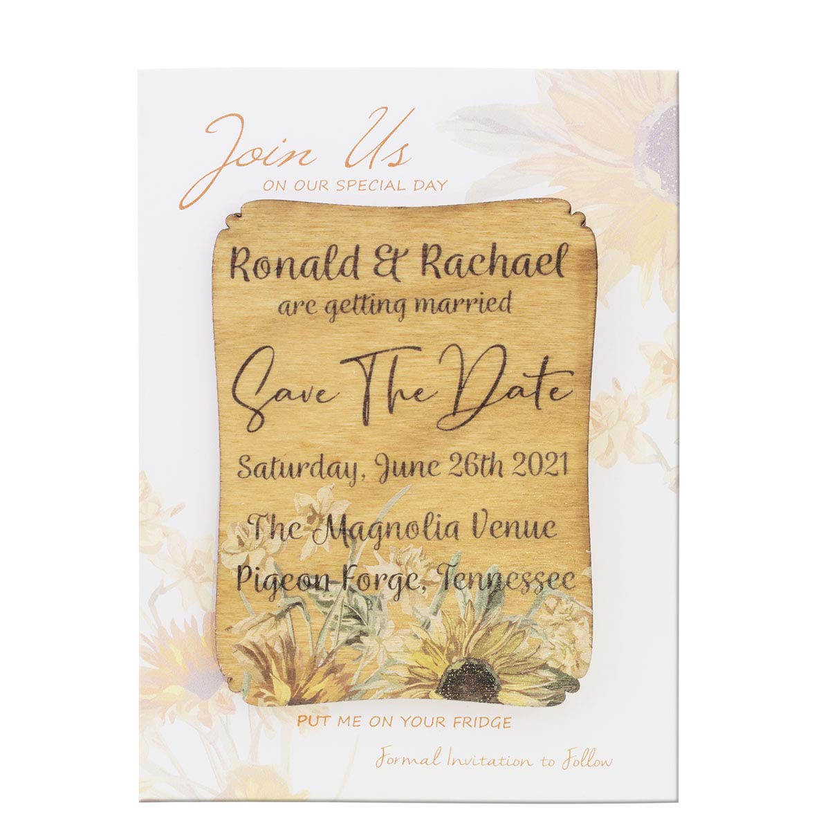 50 Personalized Painted Wood Save The Date Magnets with Cards & Envelopes - Rustic Wedding Favors - Perfect for Bridal Showers, Engagement Parties & DIY Wedding Decor (Sunny Charm Design)