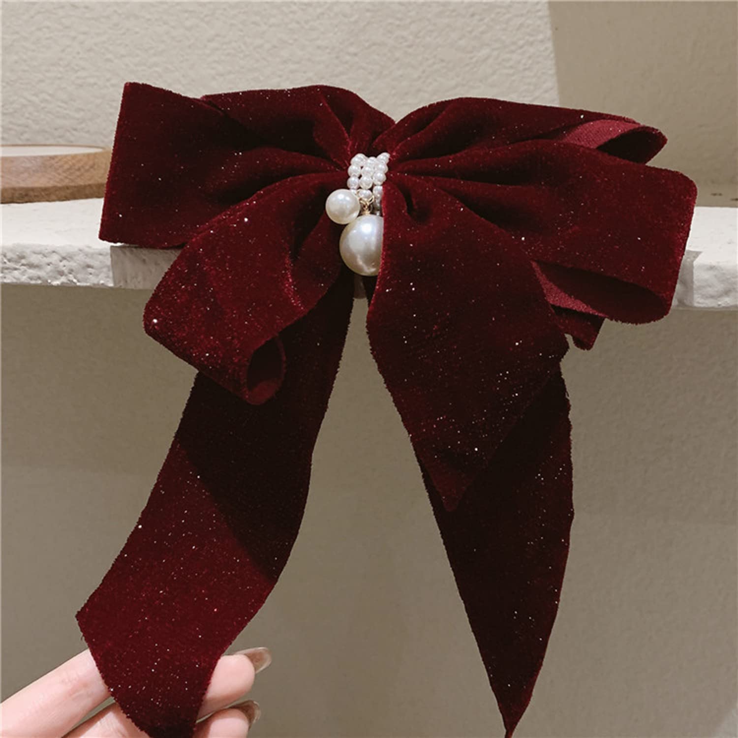 Elegant Big Bow Hair Clips with Pearl Accents - Large Soft Hair Barrettes for Women & Girls (Red) - Perfect for Weddings, Parties & Everyday Hair Accessories