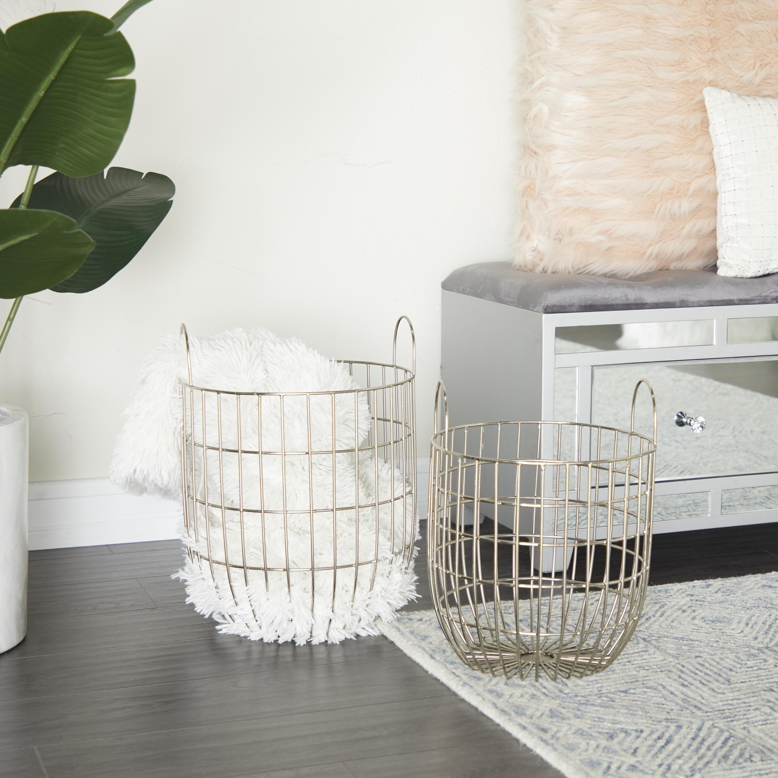 Deco 79 Metal Storage Basket Organizer Set of 2 - Open Grid Design with Arched Handles, 17