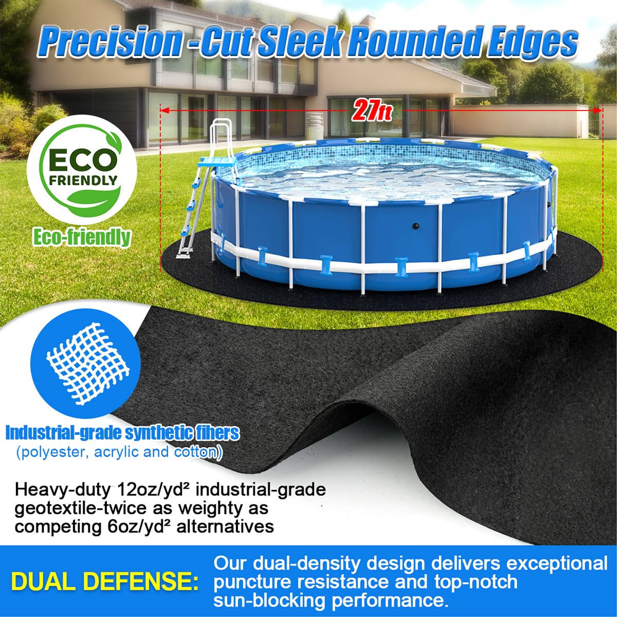 Abimars Thick Above Ground Pool Liner Pad - 27ft Round Swimming Pool Bottom Mat, Double Density Puncture Resistant & Seamless Comfort (Black) - Perfect for Protecting Inground & Above Ground Pools from Damage
