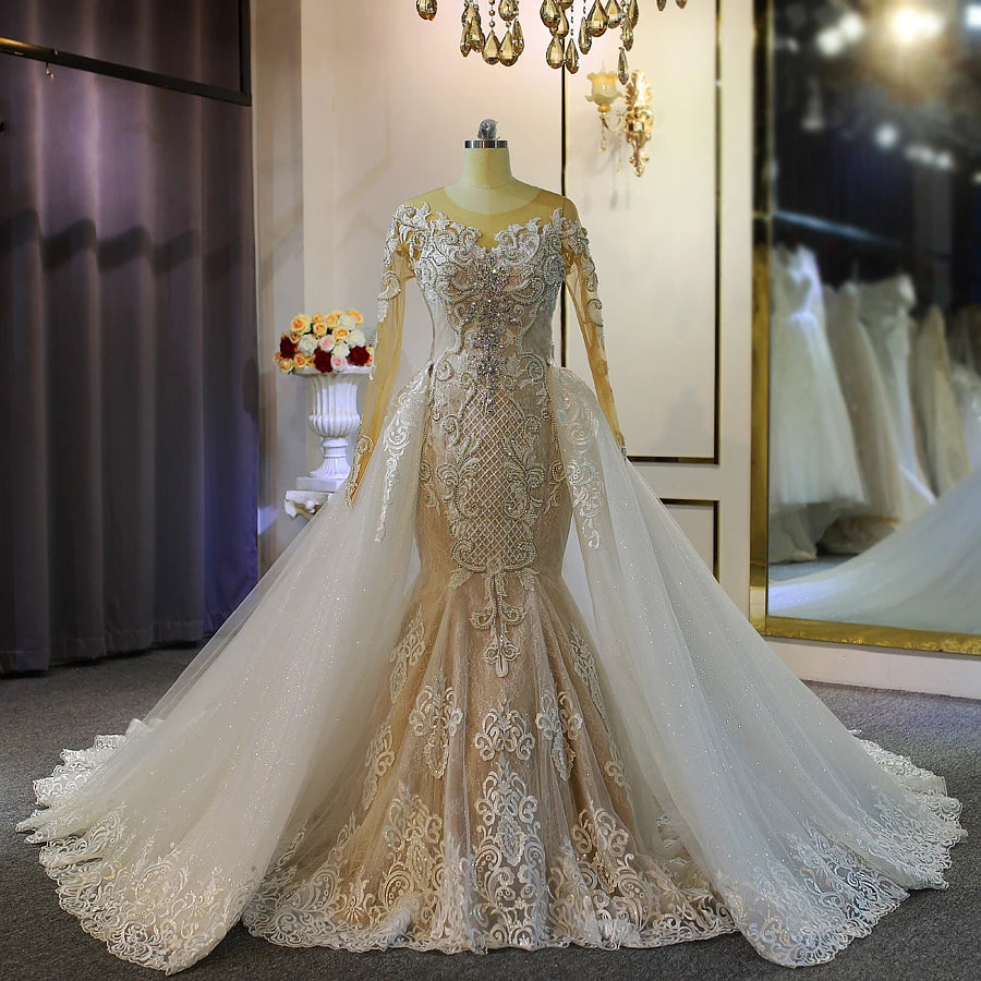 Elegant Mermaid Wedding Gown with Detachable Train & Long Sleeves - Perfect for Beach, Church, and Formal Wedding Ceremonies