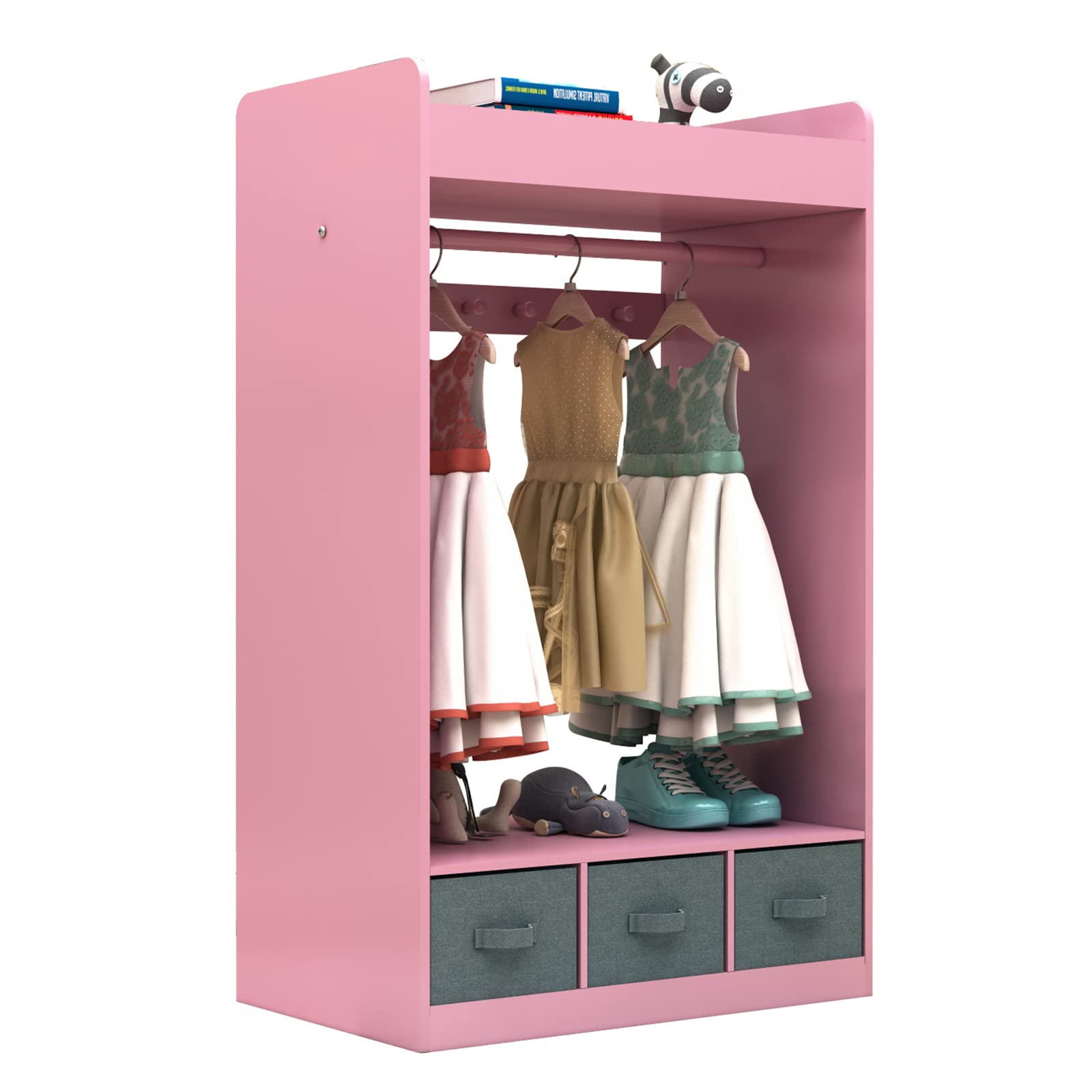 Pink Kids Costume Rack with Mirror & Storage Bin - Children's Dress Up Storage Organizer, Play Armoire Dresser for Pretend Play - Perfect for Bedroom, Playroom & Dress Up Corner
