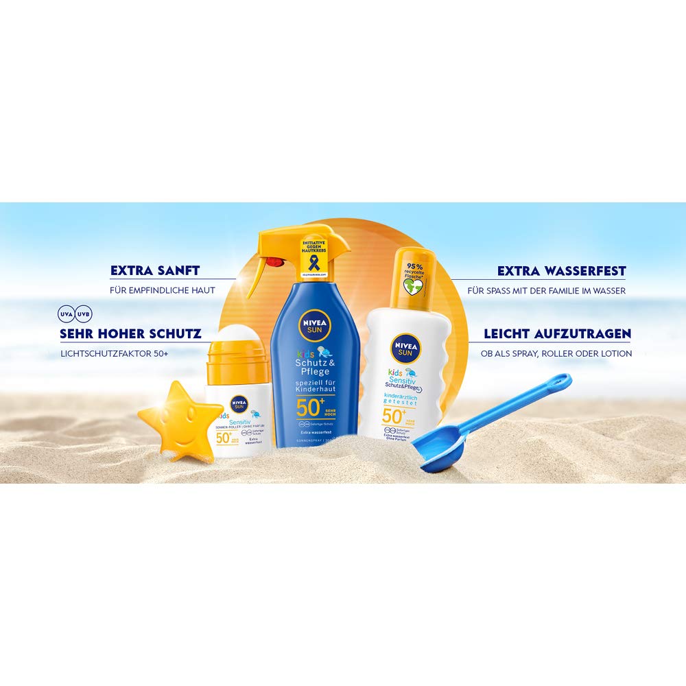 NIVEA SUN Kids Sensitive Protection & Care Sun Spray SPF 50+ (200ml + Travel Size 50ml) - Waterproof Sunscreen for Sensitive Children's Skin - Perfect for Beach, Pool & Outdoor Activities