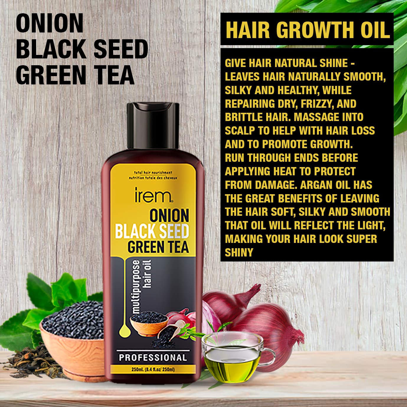 Irem Onion, Black Seed & Green Tea Hair Oil for Hair Growth - 250ml | Promotes Healthy Hair, Reduces Hair Fall & Dandruff | Perfect for Daily Scalp Massage & Night Hair Treatment