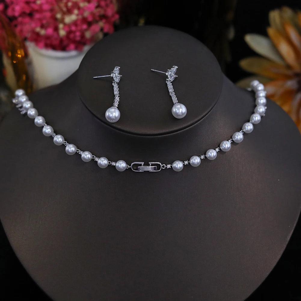Luxury Flower Pearl Necklace for Women - 2 Piece High-Quality Cubic Zirconia Jewelry Set, Elegant Wedding & Party Gift, Perfect for Bridal, Anniversary, and Formal Occasions