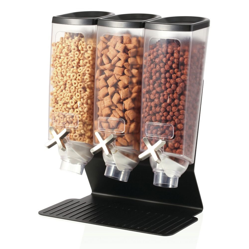 Rosseto® EZ-PRO™ H3B 3-Tier Snack Dispenser with Black Steel Stand - 1 Gallon Capacity per Container - Perfect for Cafeterias, Offices, and Convenience Stores