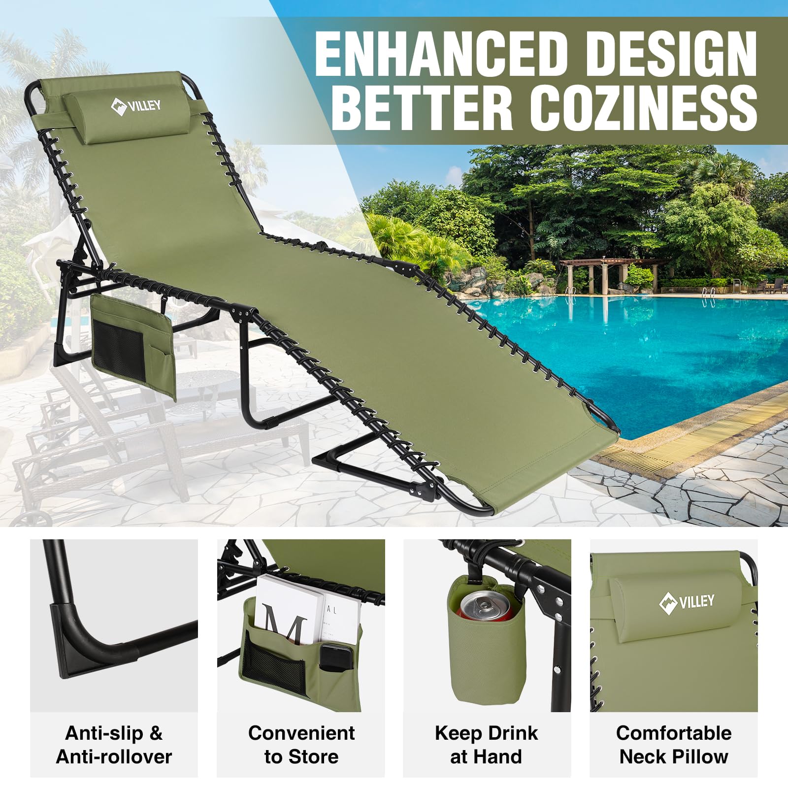 VILLEY Oversized Chaise Lounge Outdoor - Heavy Duty Folding Lounge Chair for Patio, Beach, Camping - Portable Trifold Sun Lounger with 5 Adjustable Positions - Perfect for Backyard Relaxation, Poolside Lounging & Beach Vacations