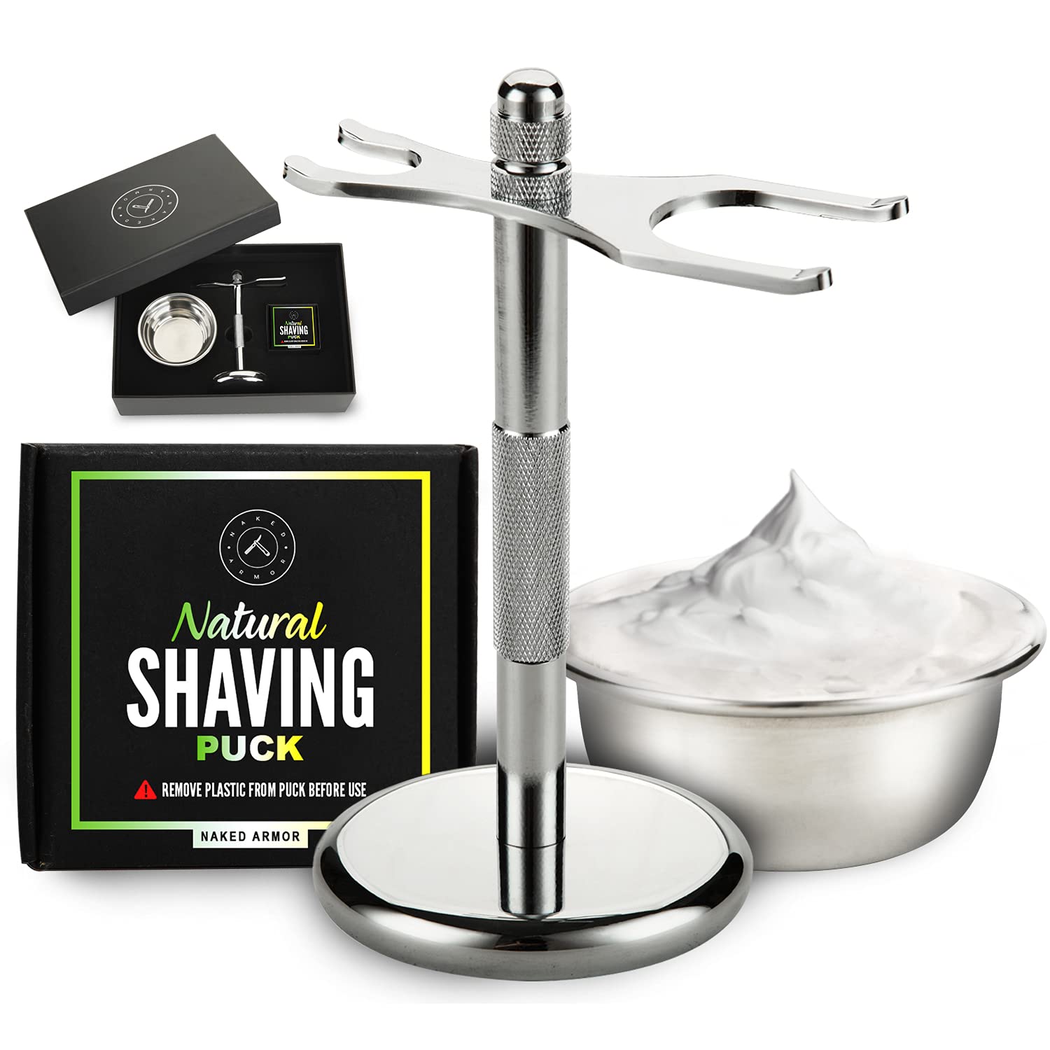 Premium Safety Razor Stand Kit - Stainless Steel Razor & Brush Holder with Shaving Bowl & Soap Puck | Bathroom Organizer for Men's Grooming | Perfect Gift for Him, Shaving Essentials for Wet Shaving Routine
