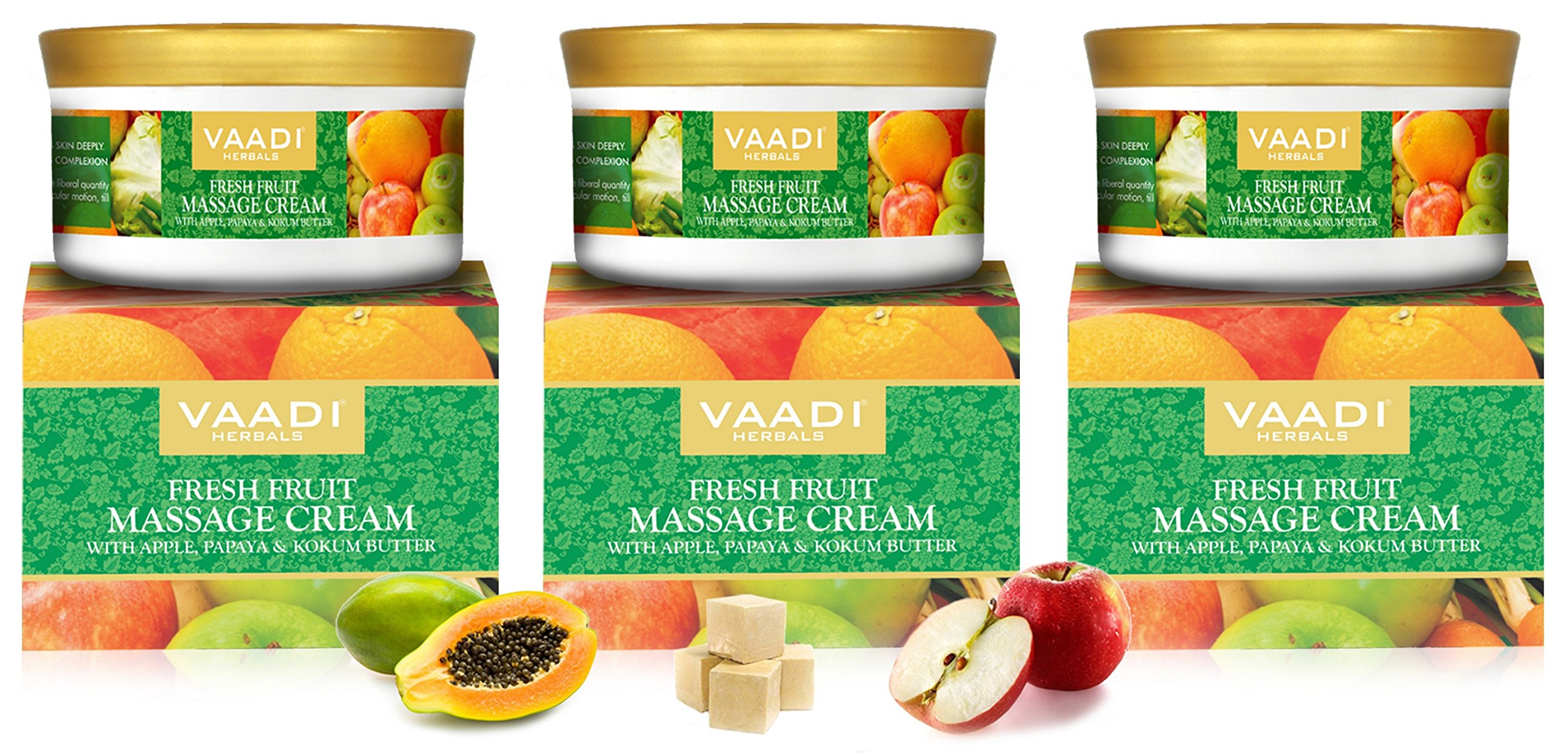 Vaadi Herbals Fresh Fruit Massage Cream Value Pack - 3 Pack with Apple, Papaya & Kokum Butter for Hydrating & Nourishing Skin | Perfect for Dry Skin Care, Spa Treatments & Daily Moisturizing