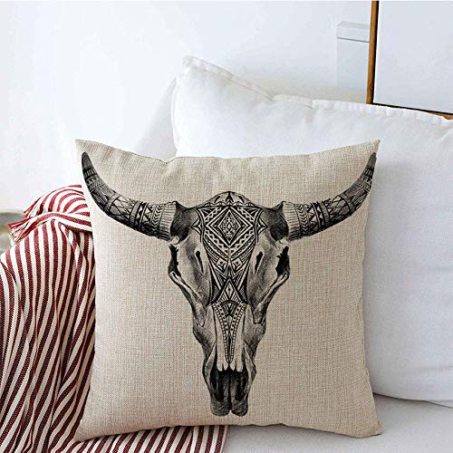 Aztec Longhorn Buffalo Skull Throw Pillow Covers 20x20 Inch - Black & White Tribal Animal Wildlife Design, Decorative Linen Square Cushion Covers for Couch, Bed, Sofa - Perfect for Western Home Decor, Ranch Style Living Room & Boho Bedroom Accents