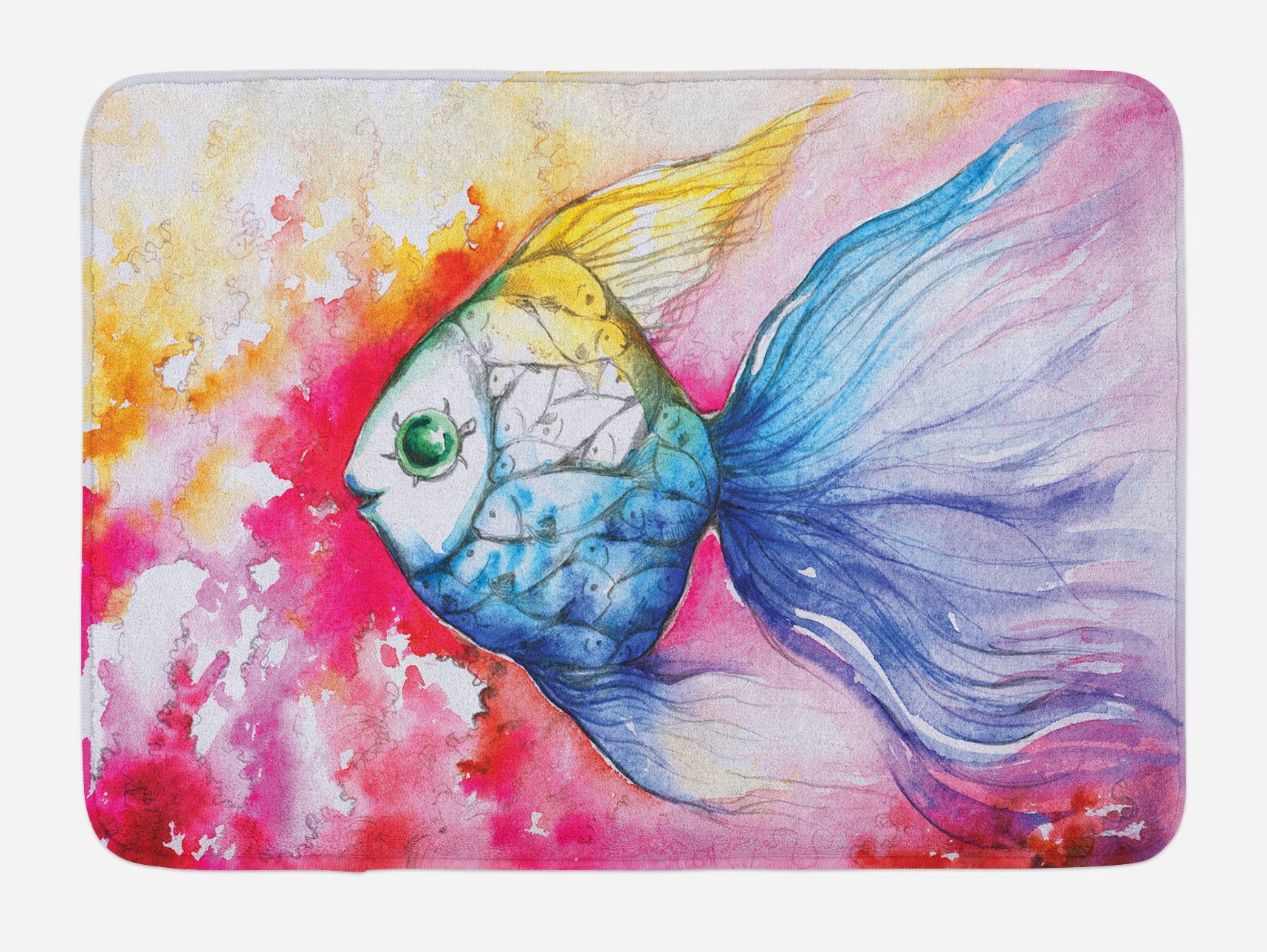 Ambesonne Non-Slip Fish Bath Mat - Watercolor Fauna Design with Vivid Brushstrokes, Nautical Theme Plush Bathroom Rug, 30.2