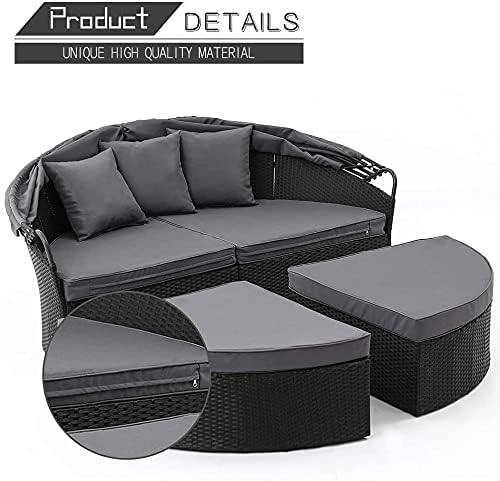 Outdoor Round Wicker Daybed Sofa Set with Canopy - 4-Piece Patio Furniture with Cushioned Seats for Lawn, Poolside, Garden - Perfect for Relaxing in Backyard, Beach House or Resort (Dark Black)