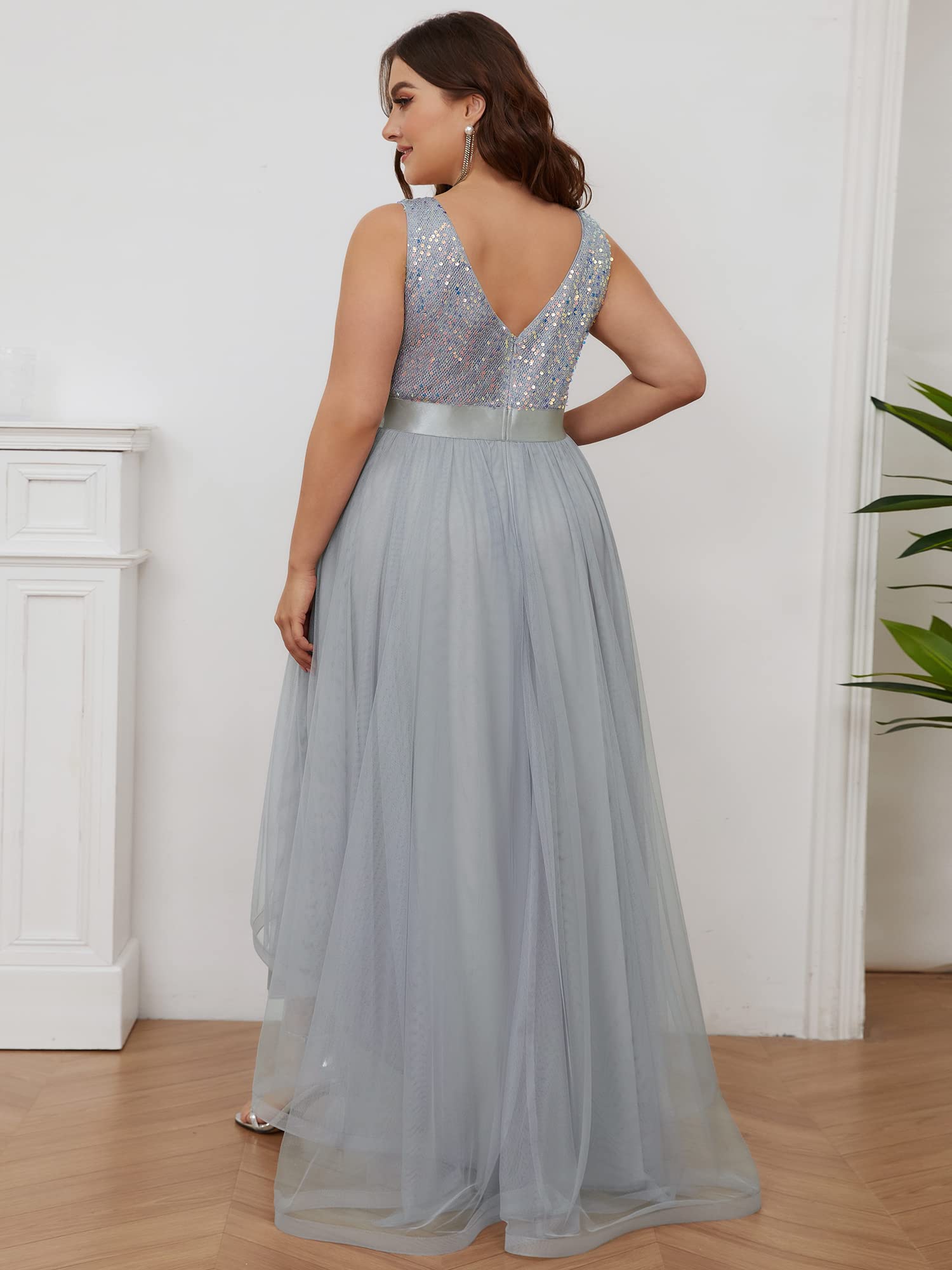 Ever-Pretty Women's Plus Size Double V-Neck A-Line High-Low Sequin Tulle Formal Dress for Curvy Women 0147A-DA | Elegant Evening Gowns for Prom, Wedding Guest & Special Occasions