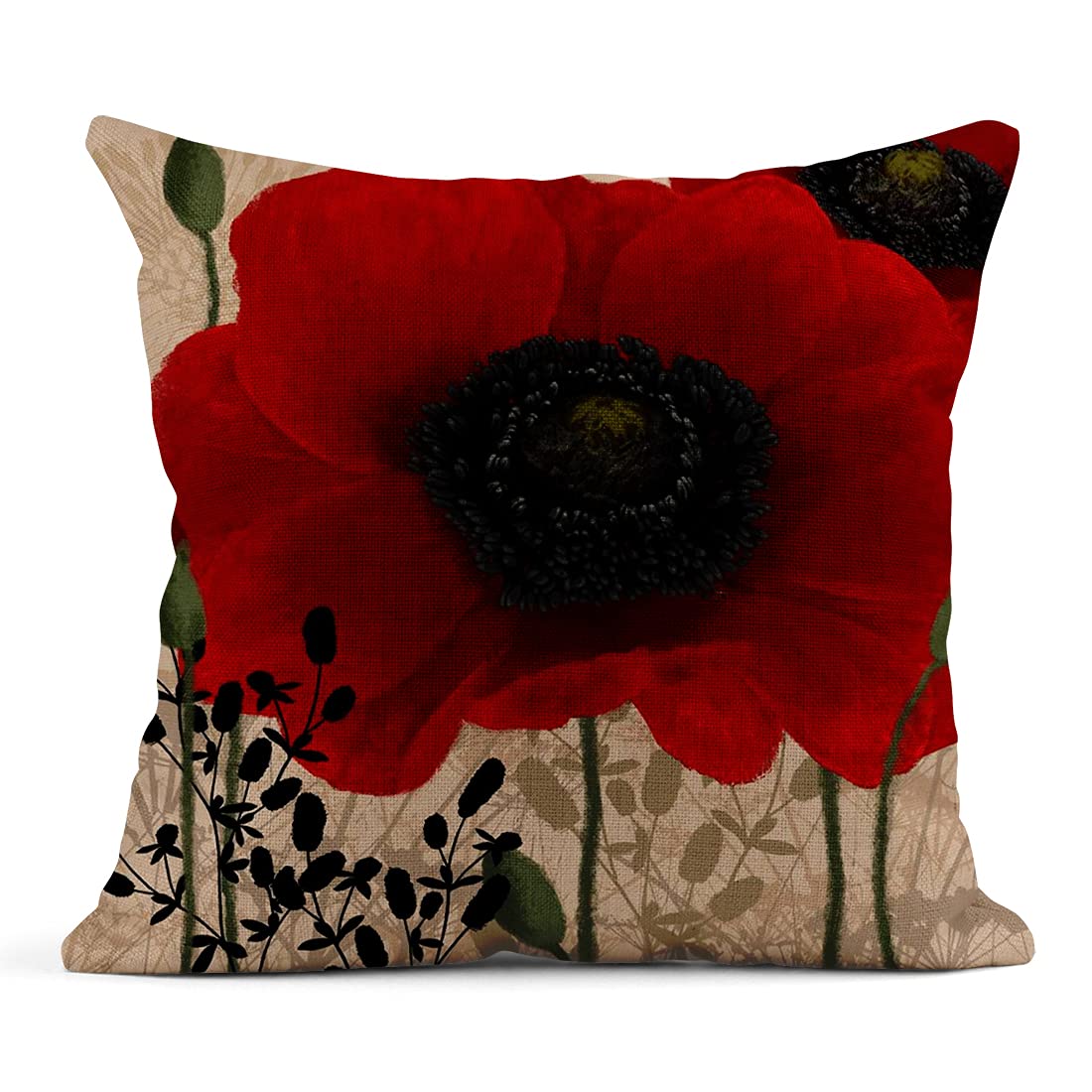 Set of 4 Red Poppies Floral Linen Throw Pillow Covers 16x16 Inch - Square Cushion Covers for Sofa, Bed & Couch - Home Decor Accent Pillowcases for Living Room, Bedroom & Dorm