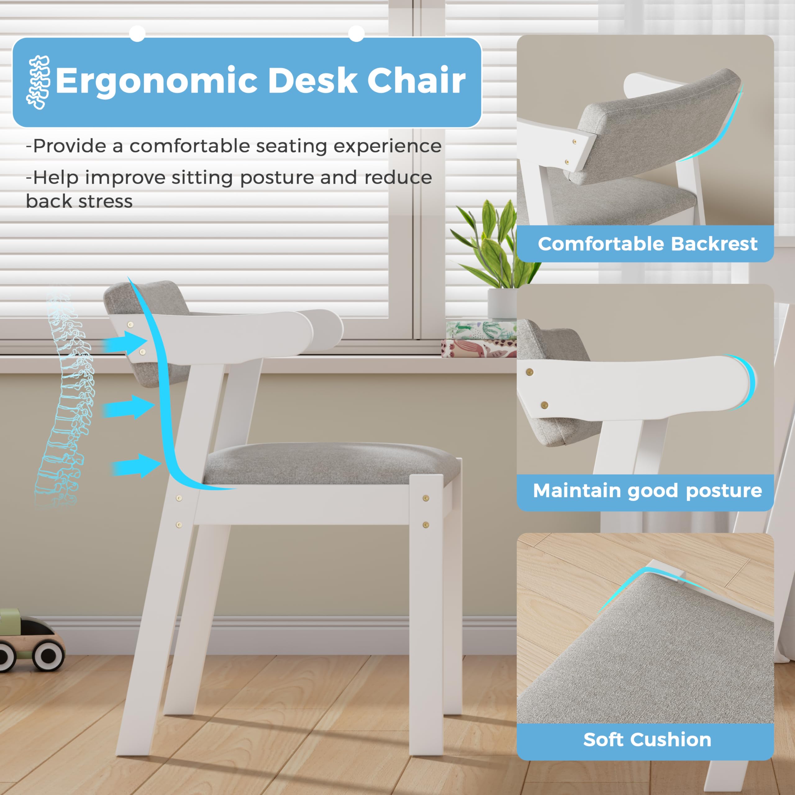 DELAVIN 39.37 Inch Kids Study Desk and Chair Set - Solid Wood Children's Computer Desk with Storage Drawers & Cork Bulletin Board - White Kids Furniture for Bedroom, Homeschool & Playroom