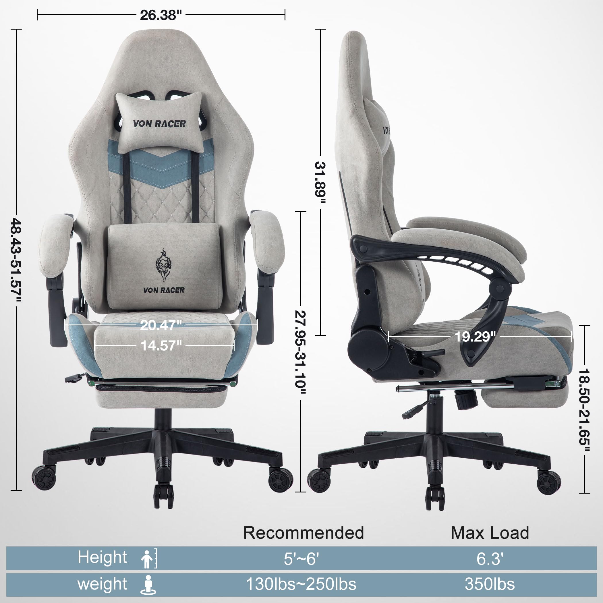 Blue Whale Ergonomic Gaming Chair for Adults - Heavy Duty 350lbs Capacity, Adjustable Lumbar Support, Headrest & Footrest, Reclining Big & Tall Computer Chair with Linkage Armrests - Perfect for Home Office, Gaming Setup & Streaming Studio