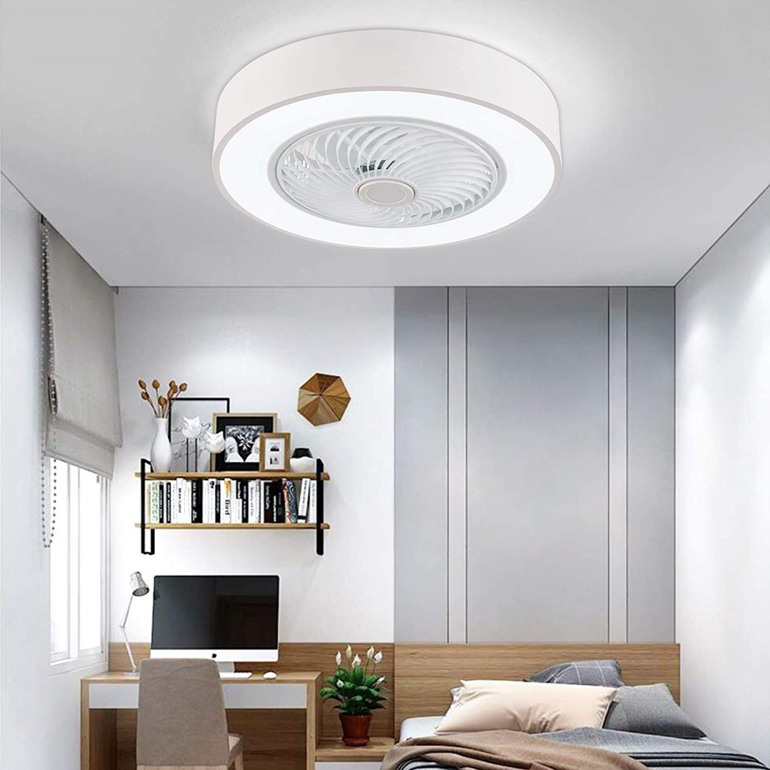 Modern 22-inch White Macaron Flush Mount Ceiling Fan with Remote Control - LED 3-Color Lighting, 4 ABS Blades, Ultra Quiet Motor - Perfect for Indoor Kitchen, Bathroom, Bedroom & Living Room Spaces