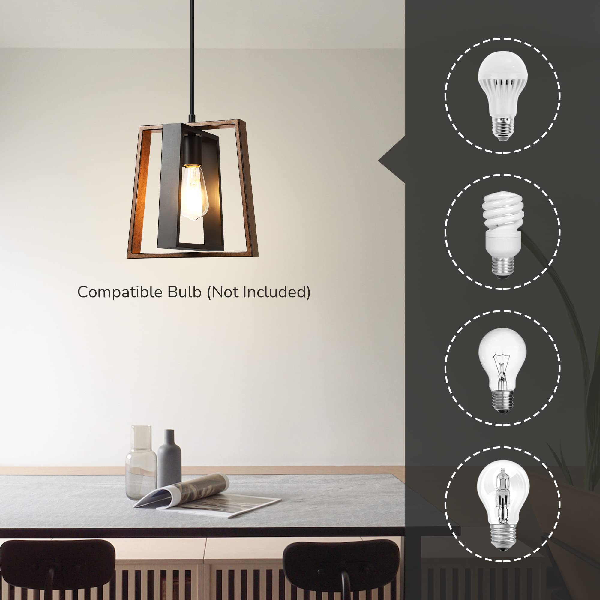 EDISHINE Black Wood Grain Adjustable Farmhouse Pendant Lights - Kitchen Island Lighting Fixture for Dining Room & Hallway | Rustic Home Decor, Dimmable Hanging Lights for Modern & Traditional Interiors