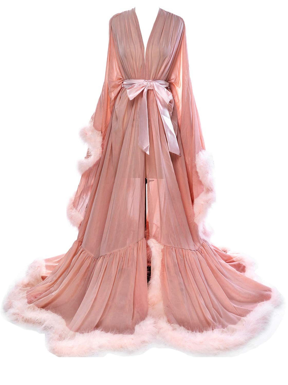 Molisa Women's Sexy Feather Bridal Robe - Long Wedding Scarf Illusion Bathrobe Sleepwear Lingerie Nightgown for Honeymoon, Bachelorette Party & Romantic Getaway
