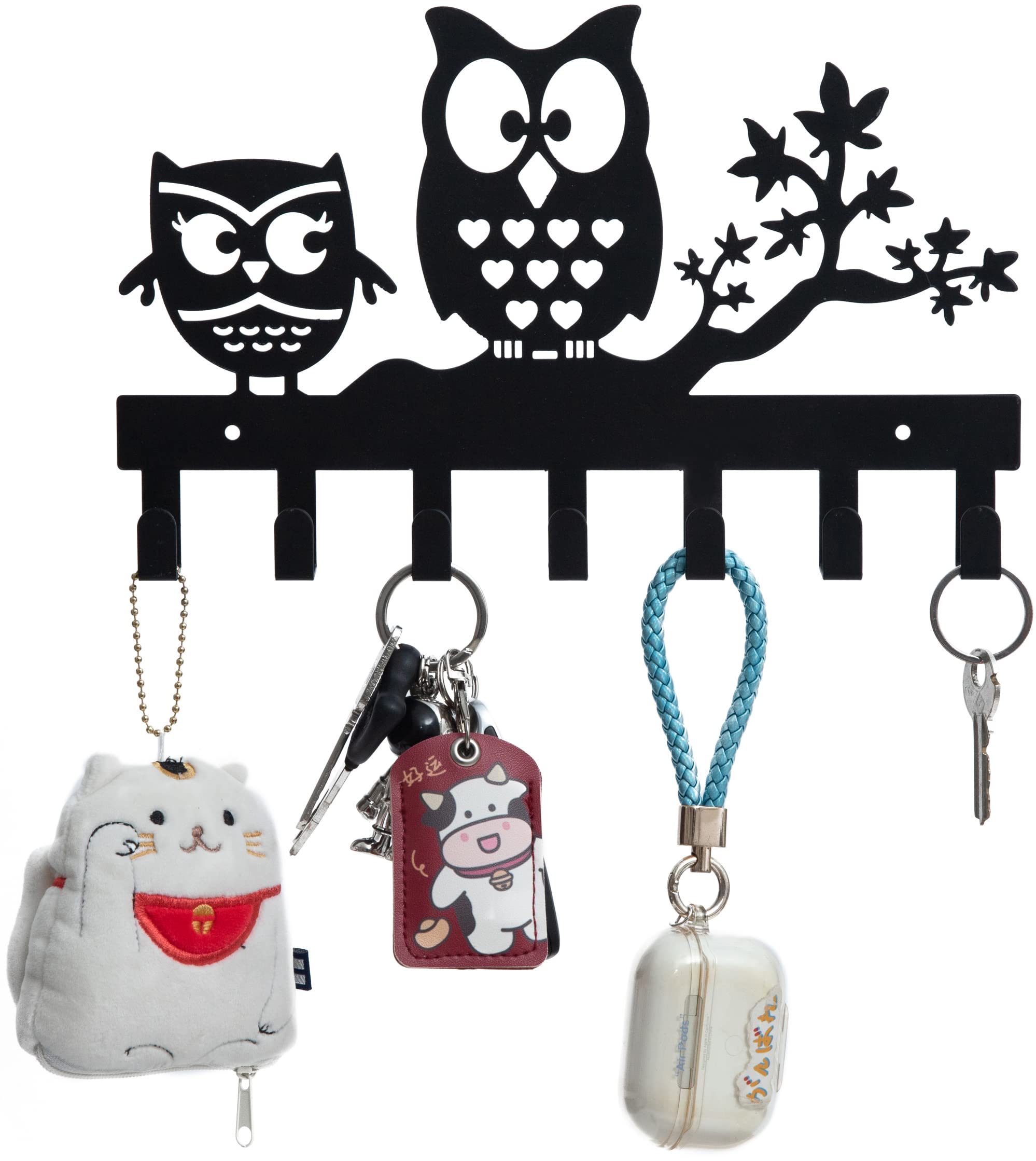FairyCity Metal Owl Key Holder Wall Mount - 27cm x 17cm Key Organizer with 7 Hooks, Black - Perfect for Entryway, Bedroom, or Office Key Storage and Home Decor