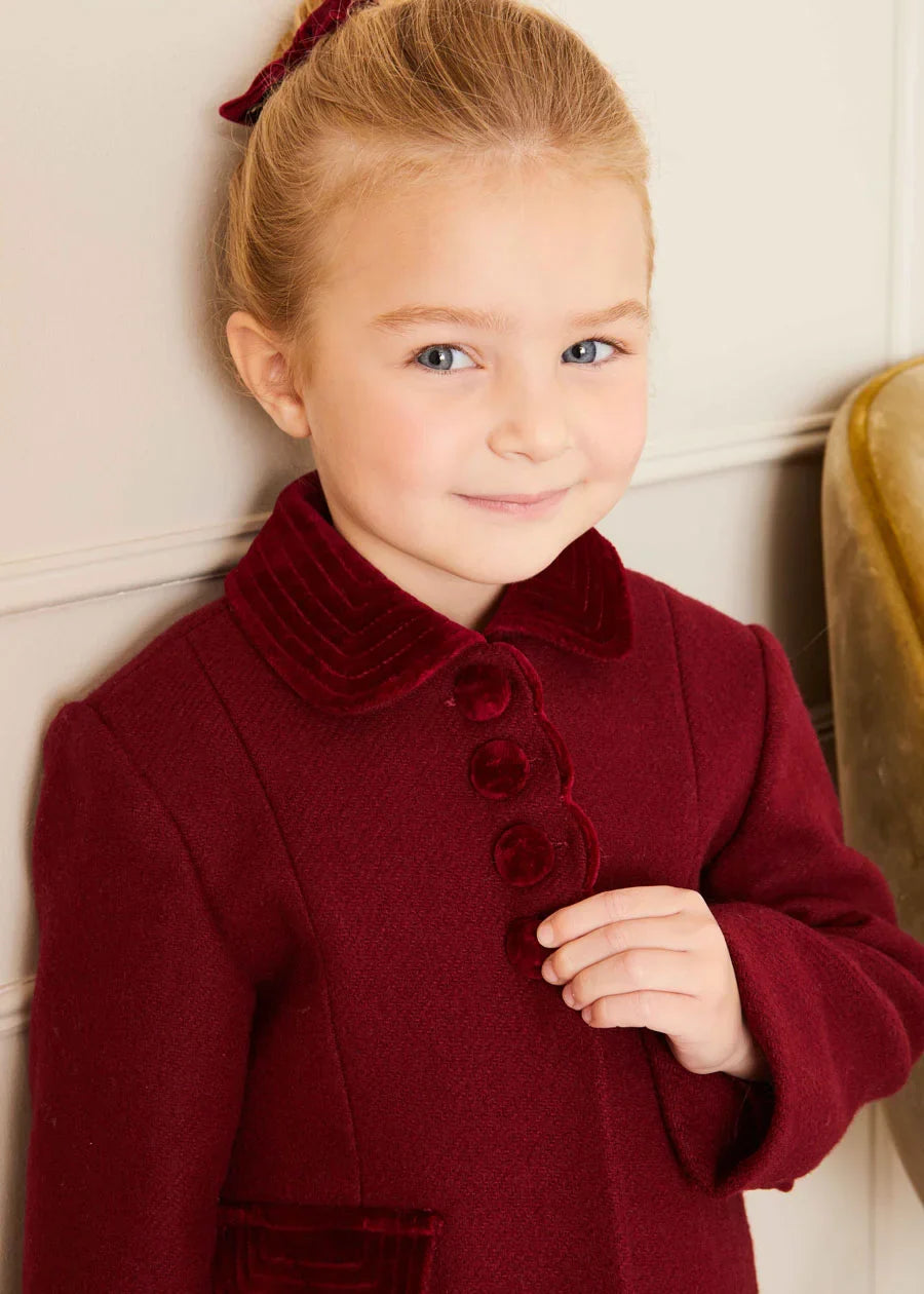 Burgundy Single Breasted Scallop Detail Coat for Kids (12 Months to 10 Years) - Perfect for School, Parties, and Special Occasions