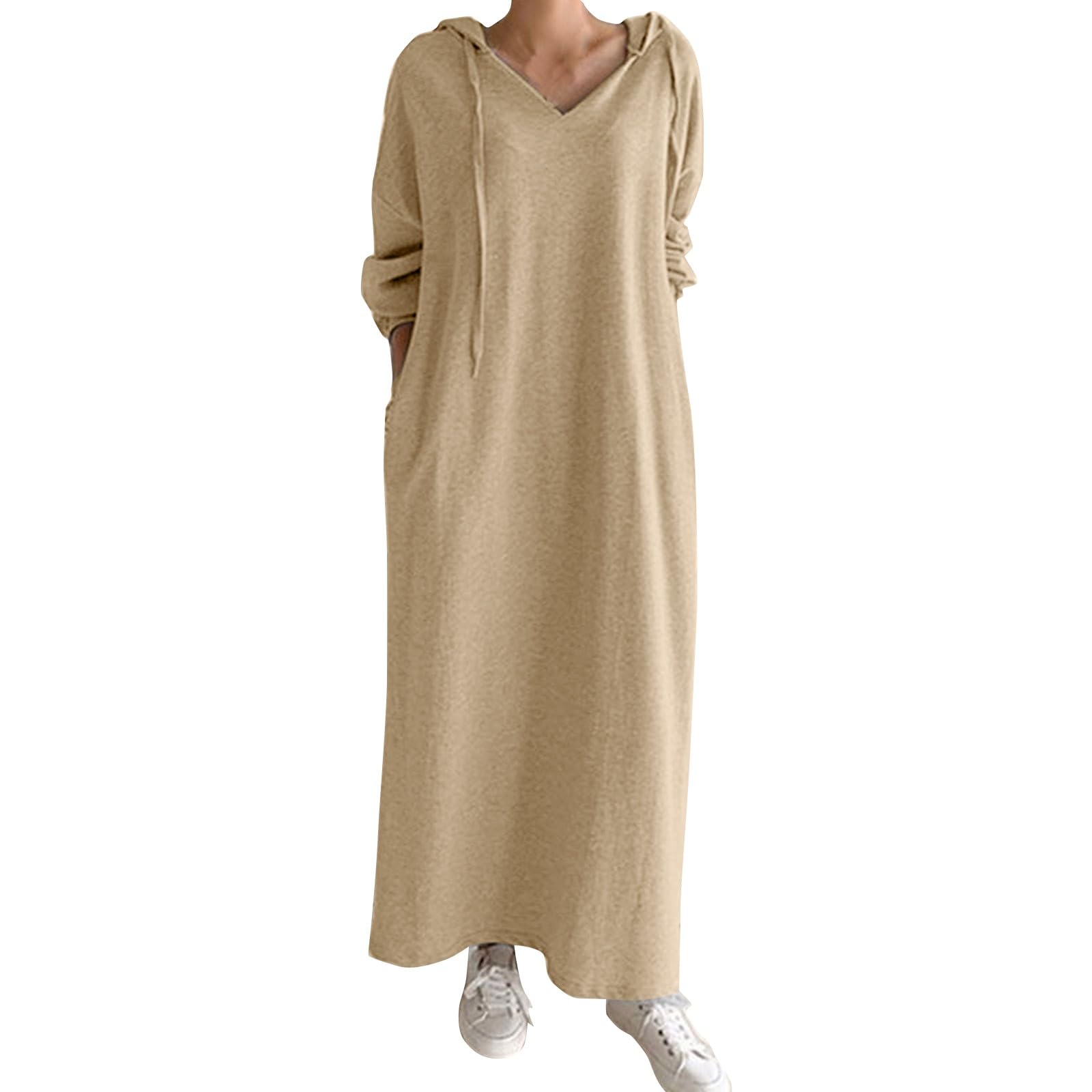 Women's Thin Long Sleeve Drawstring Solid Loose V-Neck Casual Hooded Dress - Elegant Wedding Guest Outfit for 2024 | Perfect for Bridal Showers, Cocktail Parties & Spring Events