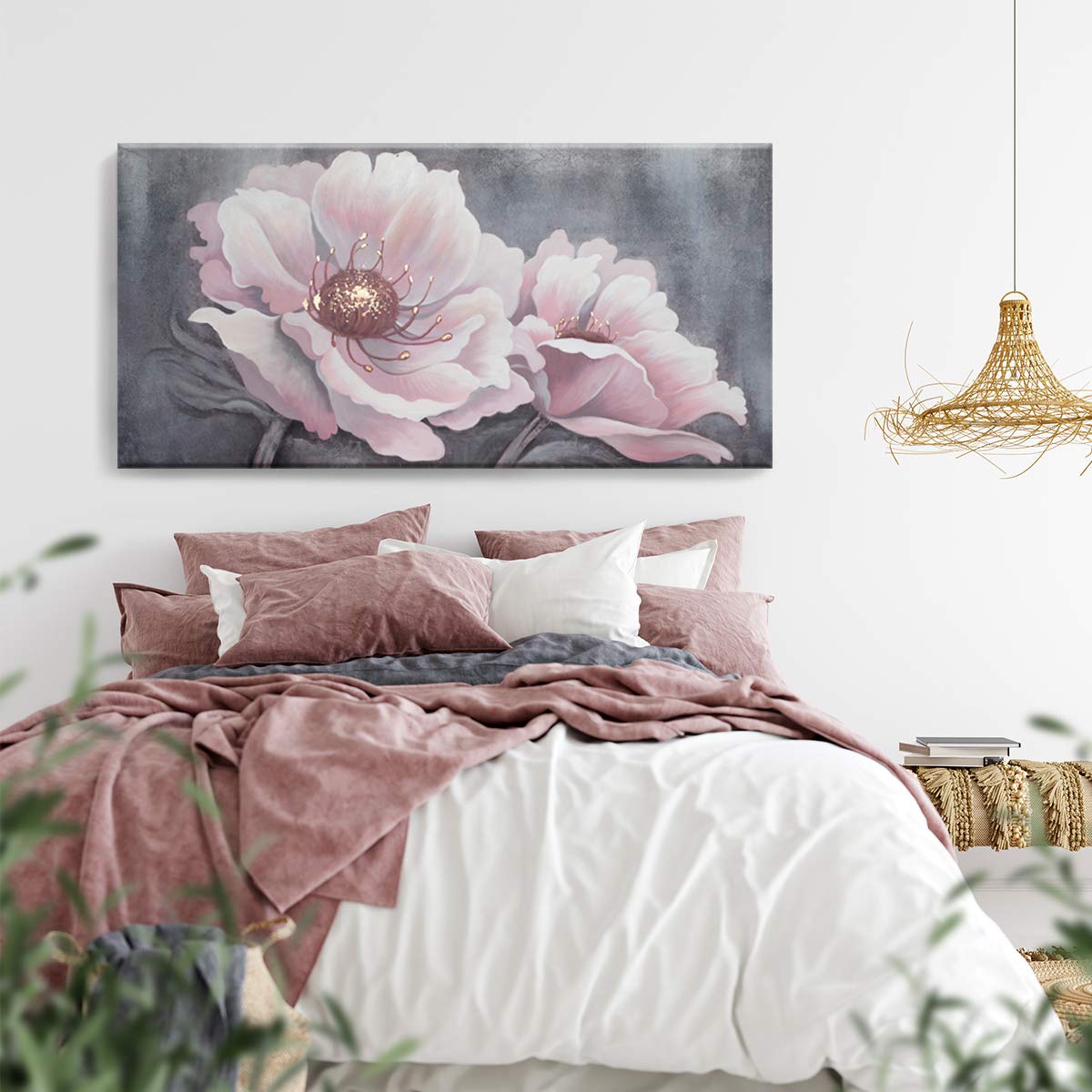 YJYart Large Pink Flower Canvas Wall Art - 29x58 Inch Modern Oil Painting for Living Room & Bedroom Decor - Easy to Hang Home Wall Decorations | Perfect for Housewarming Gifts & Interior Design