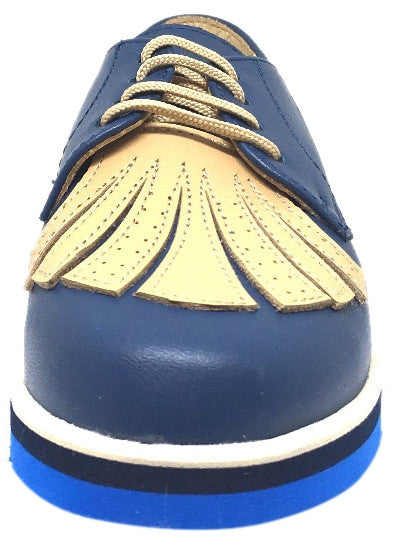 Luccini Boys Girls Navy & Tan Leather Oxford Loafers with Stitched Fringe & Foam Bottom - Comfortable School Shoes for Kids, Casual Walking & Everyday Wear