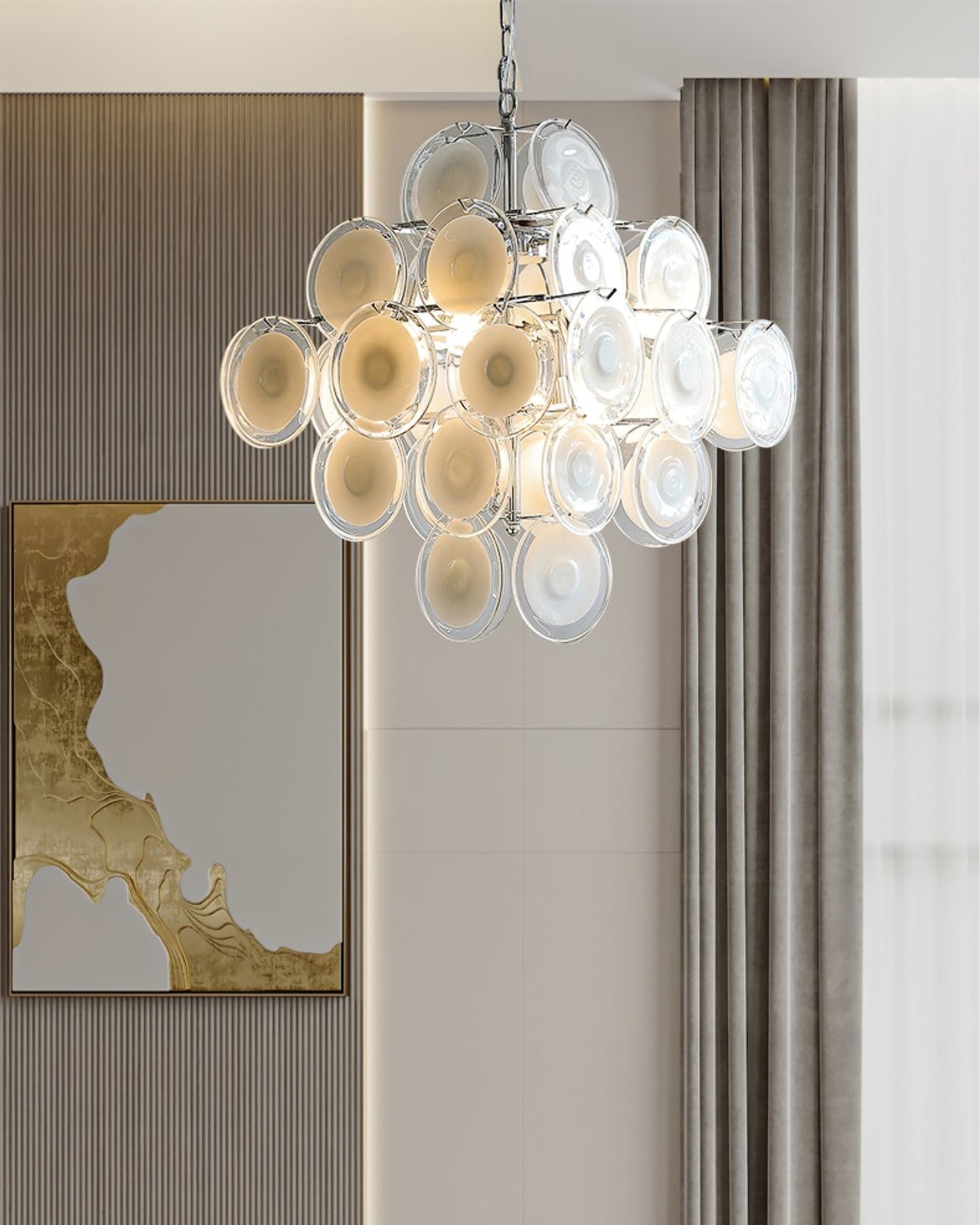 Murano Disc White Glass Chandelier - Elegant Modern Ceiling Light Fixture for Dining Room, Living Room, Bedroom & Foyer Lighting Decor