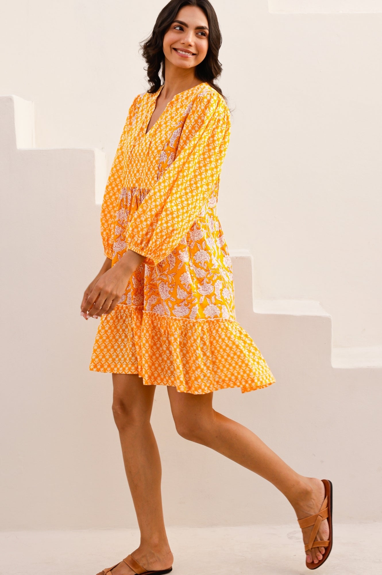 Marina Organic Cotton Print Mix Dress - Dianthus Floral Yellow & White | Summer Casual Wear, Beach Outfit, Boho Style Dress for Women