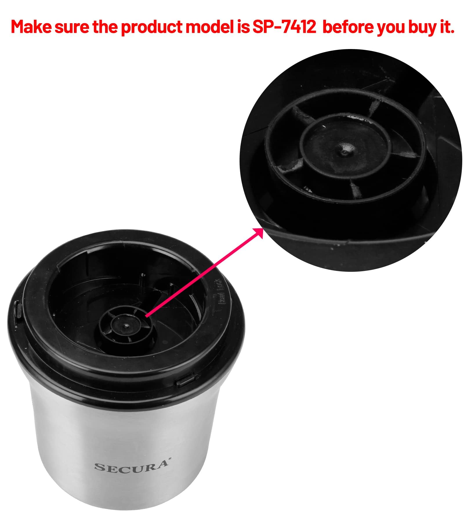 Secura SP-7412 Replacement Stainless Steel Grinder Bowl for Electric Coffee & Spice Grinder - Compatible with Model SP-7412, Durable Removable Blade Bowl for Fresh Ground Coffee, Spices, Nuts & Herbs - Perfect for Home Kitchen, Coffee Shops & Bakeries