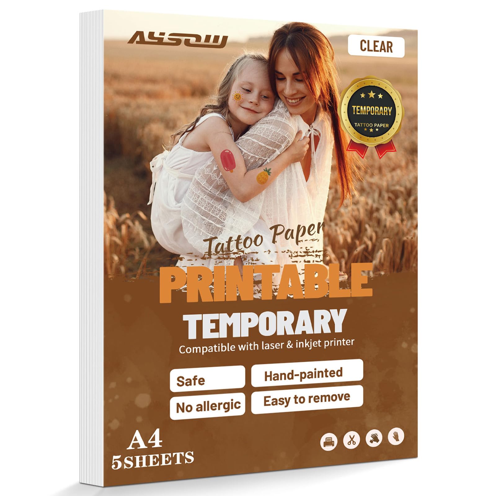 Printable Temporary Tattoo Paper for Inkjet & Laser Printers - 5 Sheets A4 Size (8.3x11.7 Inches) Waterproof DIY Image Transfer Decal Paper for Skin - Perfect for Parties, Costumes, and Body Art