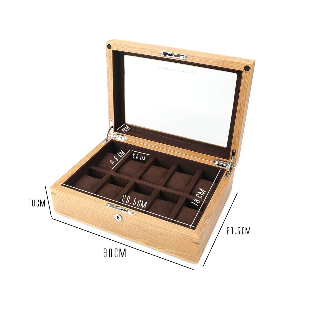 Premium Wooden Watch Box with Lock - 10 Grid Jewelry Organizer Display Case for Watches, Bracelets & Rings - Wood Color/Brown Lining (30×21.5×10cm) - Perfect for Home, Office & Travel Storage