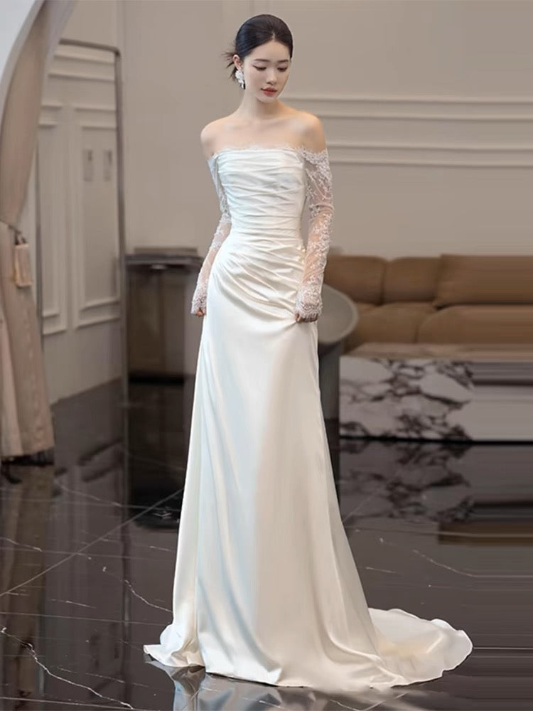 Elegant White Lace Sleeves Sheath Wedding Dress J3676 - Perfect for Bridal Ceremony, Formal Events & Romantic Photos