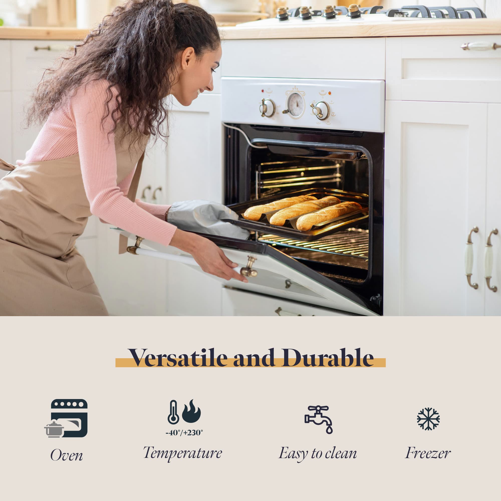 Non-Stick Perforated Baguette Baking Pan - French Bread Loaf Tray for 3 Perfect Baguettes - Premium Baking Supplies for Home & Professional Bakers - Ideal for French Bread, Sandwiches & Dinner Rolls