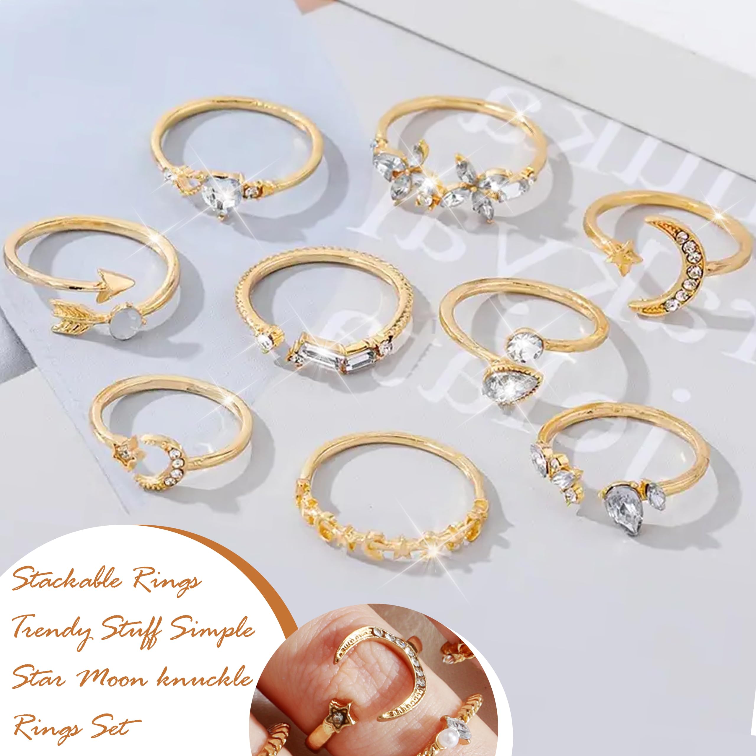 Trendy Gold Stackable Rings for Women - Boho Star Moon Heart Knuckle Rings Set - Elegant Jewelry Gift Pack for Birthday, Easter Basket Stuffers - Perfect for Layering & Everyday Wear