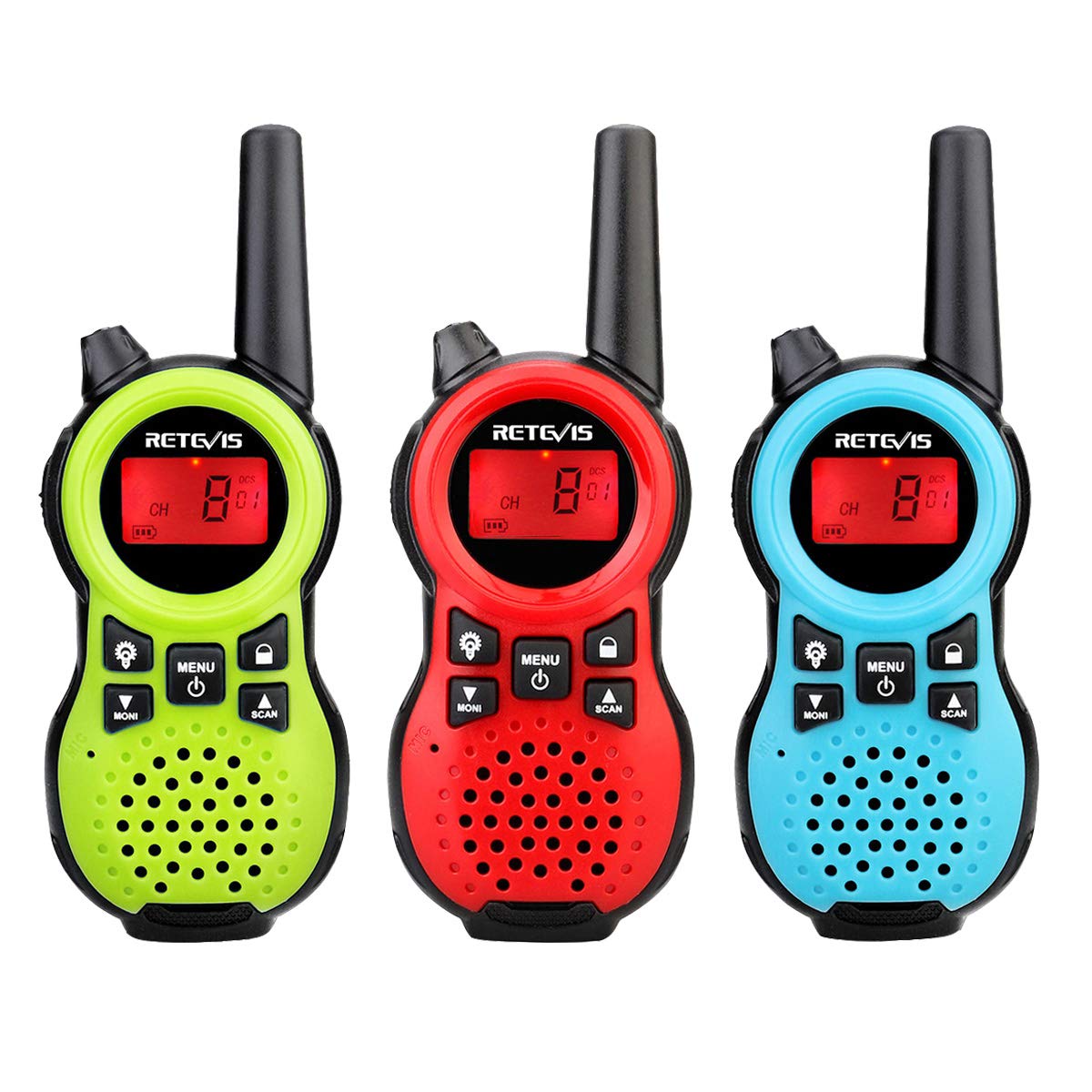 Retevis RT638 Kids Walkie Talkies 3 Pack with Flashlight, VOX, 16 Channels - Best Toys & Christmas Gifts for Boys Girls - 2 Way Radios for Family Camping, Hiking, Outdoor Adventures (Green, Red, Blue)
