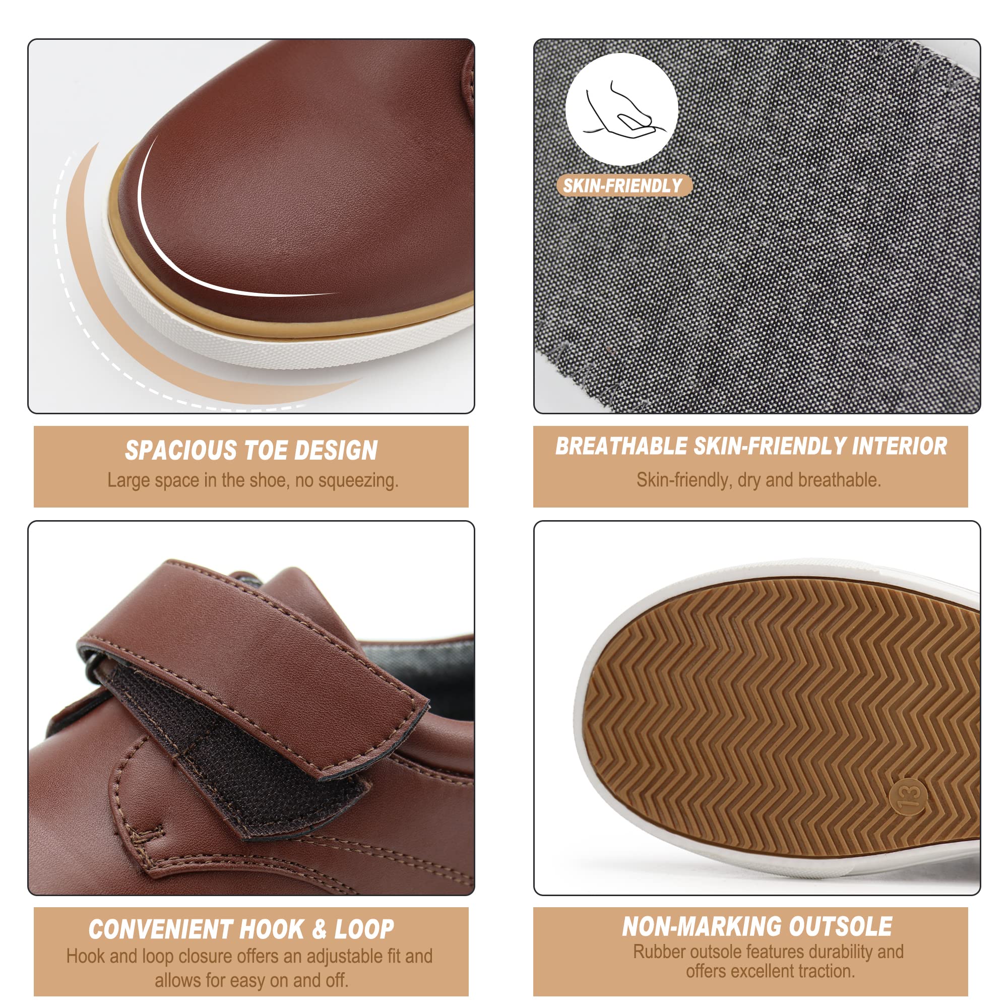 Firelli Boys Loafers - Hook & Loop Dress Shoes for School Uniforms | Comfortable Kids Casual Oxford Shoes for Daily Wear & Special Occasions