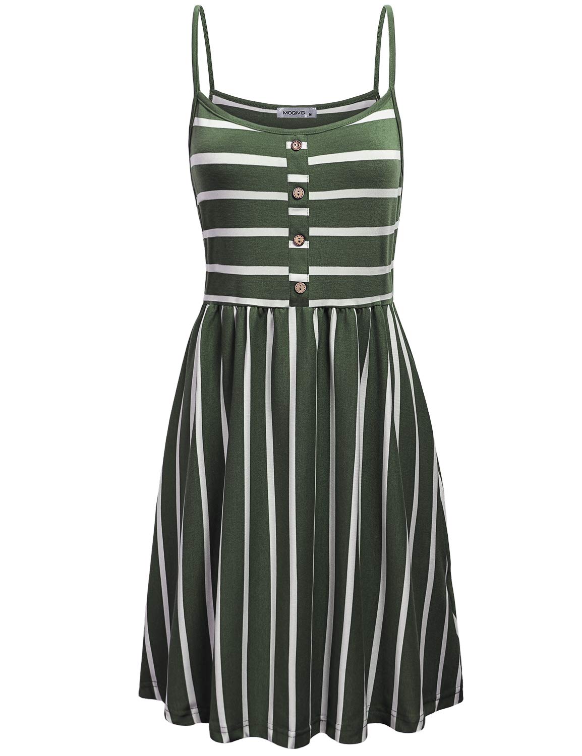 MOQIVGI Women's Spaghetti Strap Button Detail Pleated Summer Casual Stripe Dress - Flowy Beach Dress for Vacation, Date Night & Summer Outings