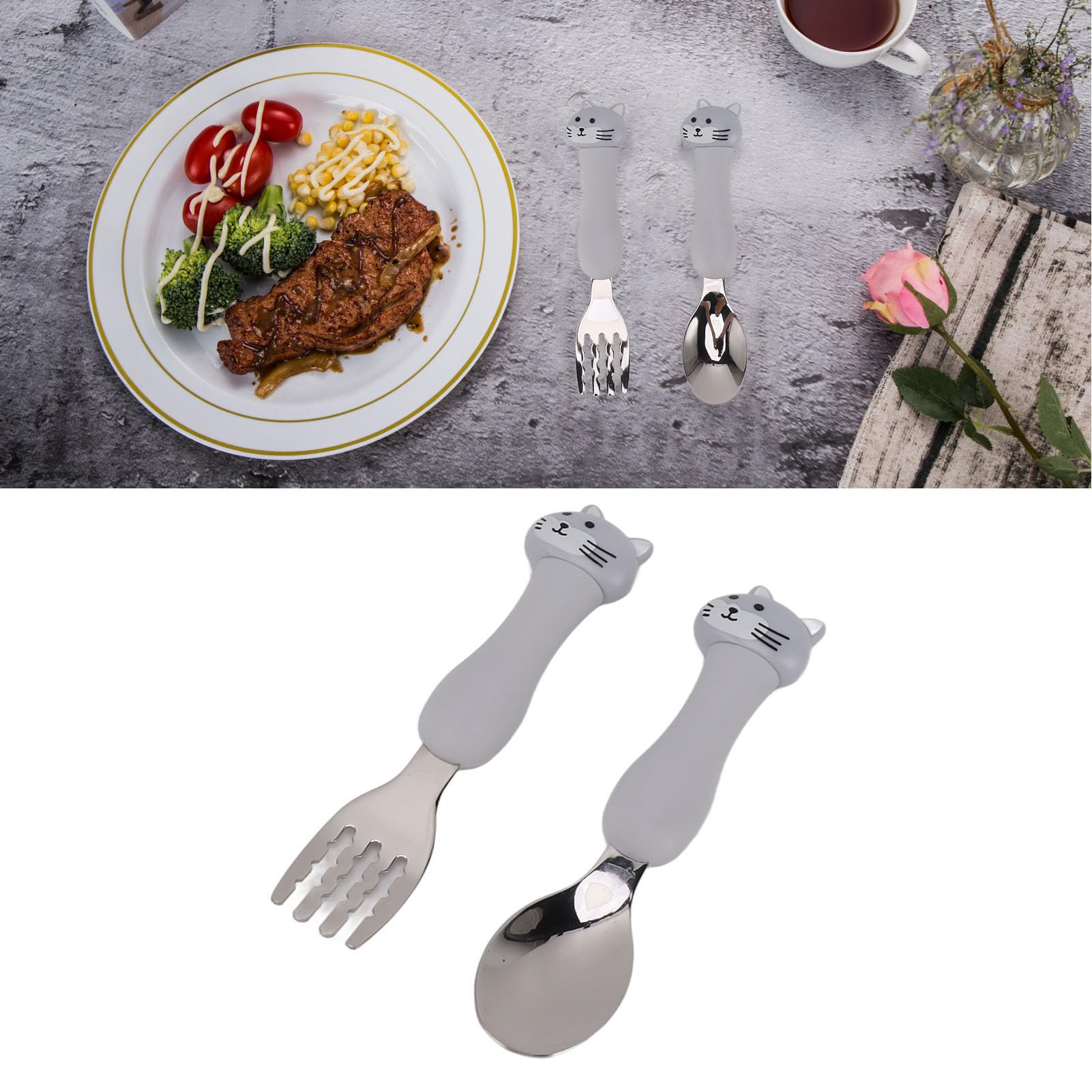 Stainless Steel Toddler Forks and Spoons Set - Self Feeding Training Utensils for Kids with Cat Design - Perfect for Baby-Led Weaning, Daycare & Home Use