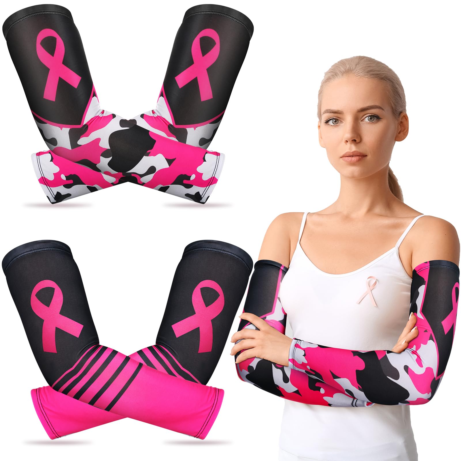 2 Pairs Breast Cancer Awareness Arm Sleeves - Pink Ribbon UV Protection Compression Arm Covers for Women & Men - Perfect for Running, Cycling, and Outdoor Activities
